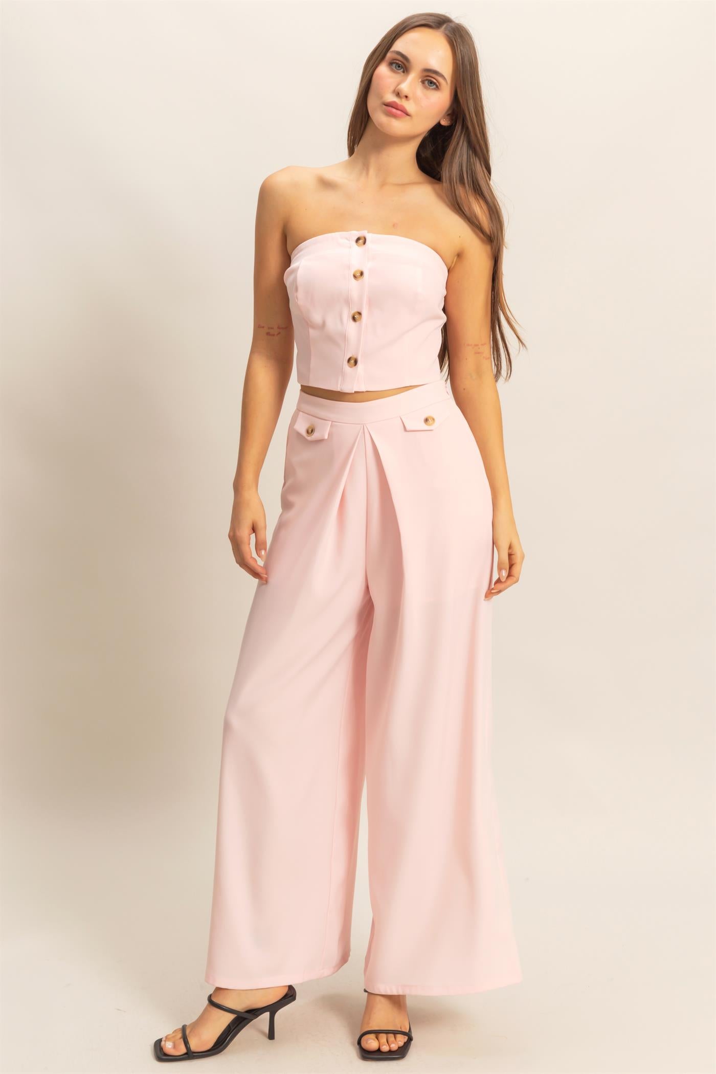 Wholesale Strapless Buttoned Top And Pants Set Clothing HF25E017-SET L.PINK HYFVE