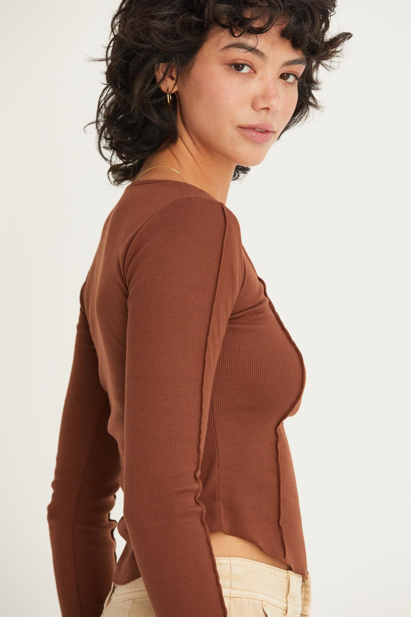 Wholesale Ribbed Long Sleeve Button Front Top Clothing Tops DZ25A025 CHESTNUT DOUBLE ZERO