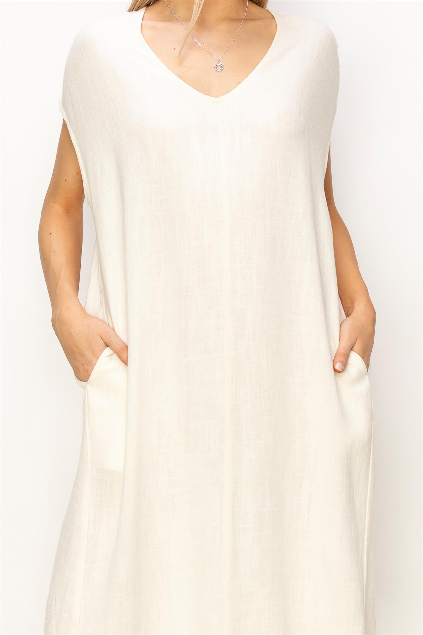 Wholesale V-Neck Oversized Linen Midi Dress Dresses DZ23E033-D CREAM DOUBLE ZERO