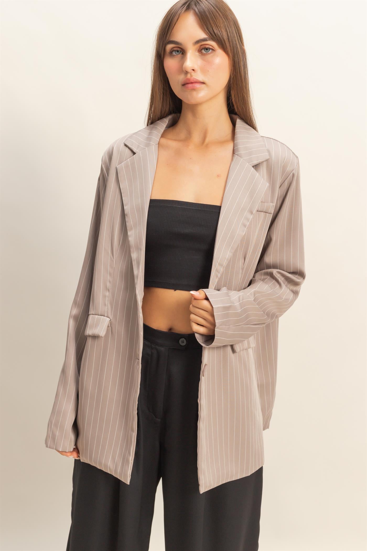 Wholesale Pin Stripe Oversized Blazer Coats & Jackets HF24A247 WARM TAUPE HYFVE