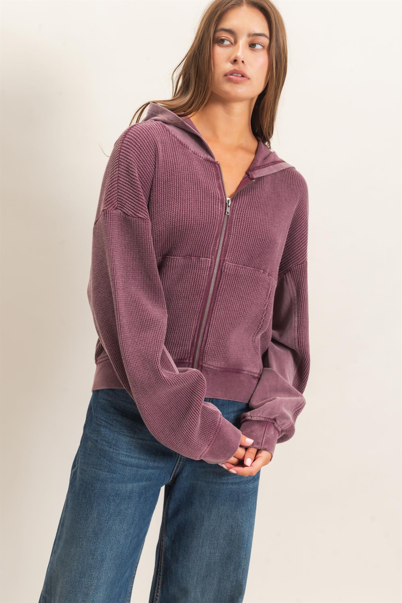 Wholesale Acid Wash Waffle Knit Zip-Up Hoodie Hoodies DZ26E401 DARK CHERRY DOUBLE ZERO