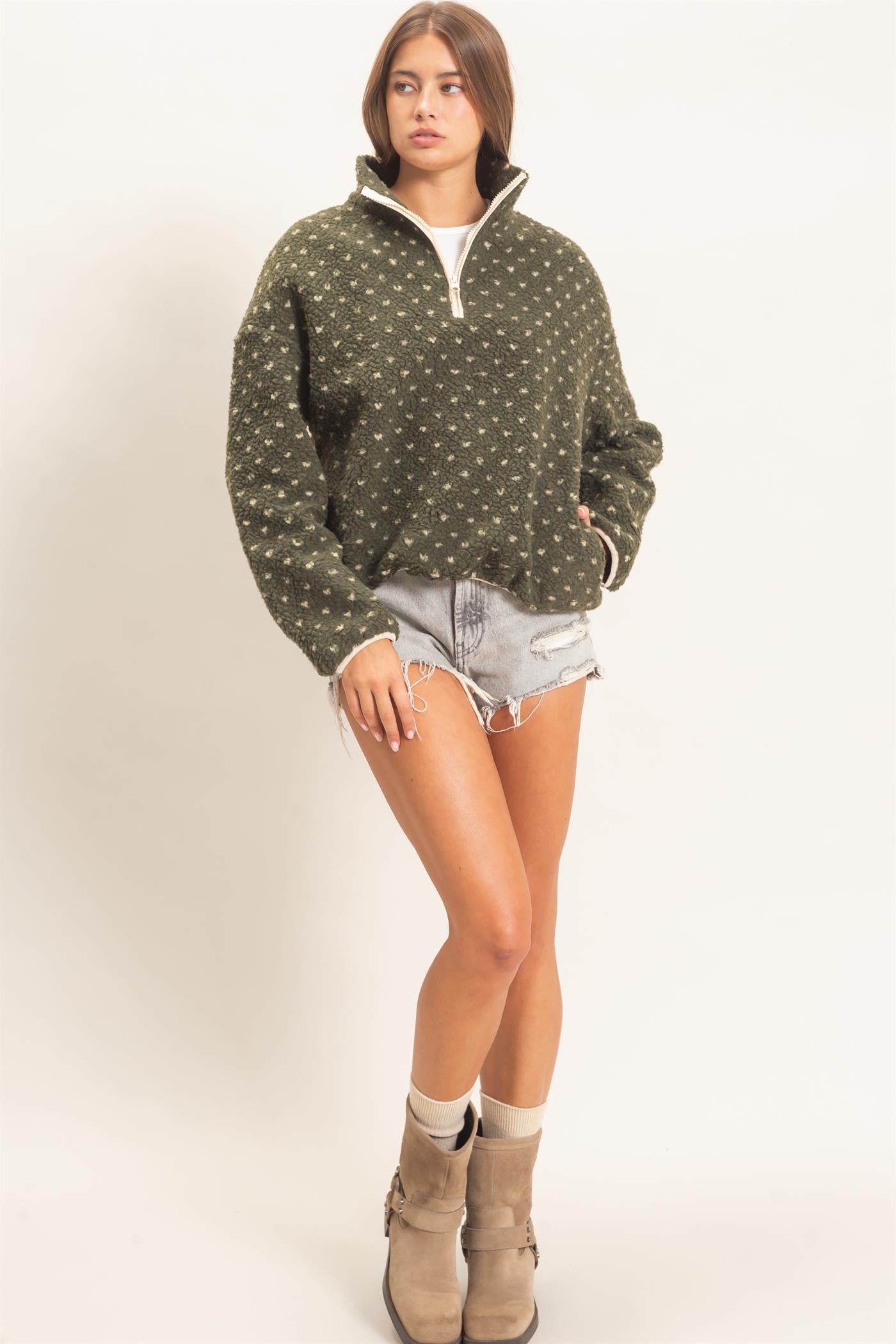 Wholesale Polka Dot Sherpa Half-Zip Pullover Coats & Jackets DZ26F161 DARK OLIVE DOUBLE ZERO