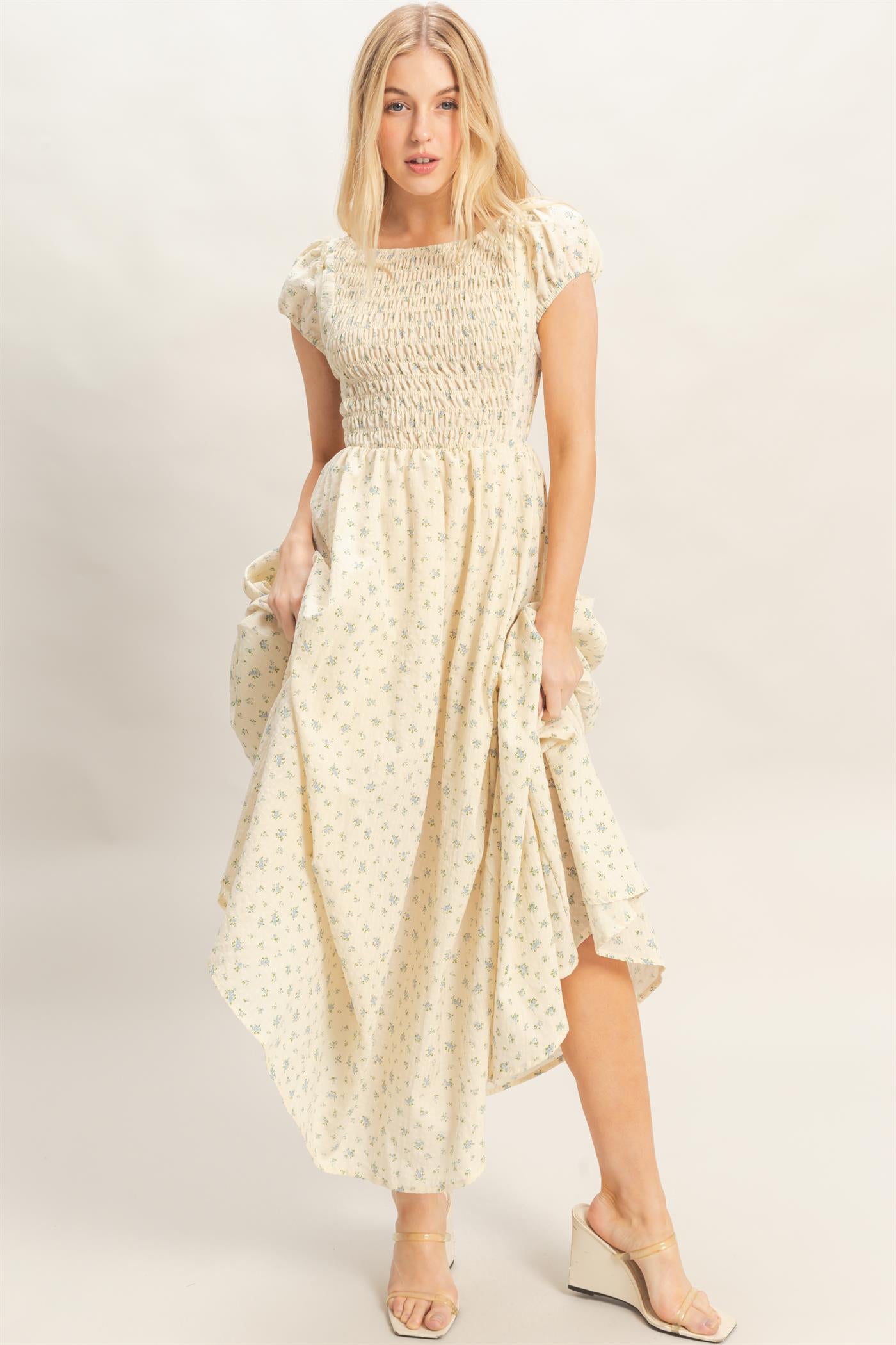 Wholesale Smocked Floral Maxi Dress Dresses HF26C262 BLUE HYFVE