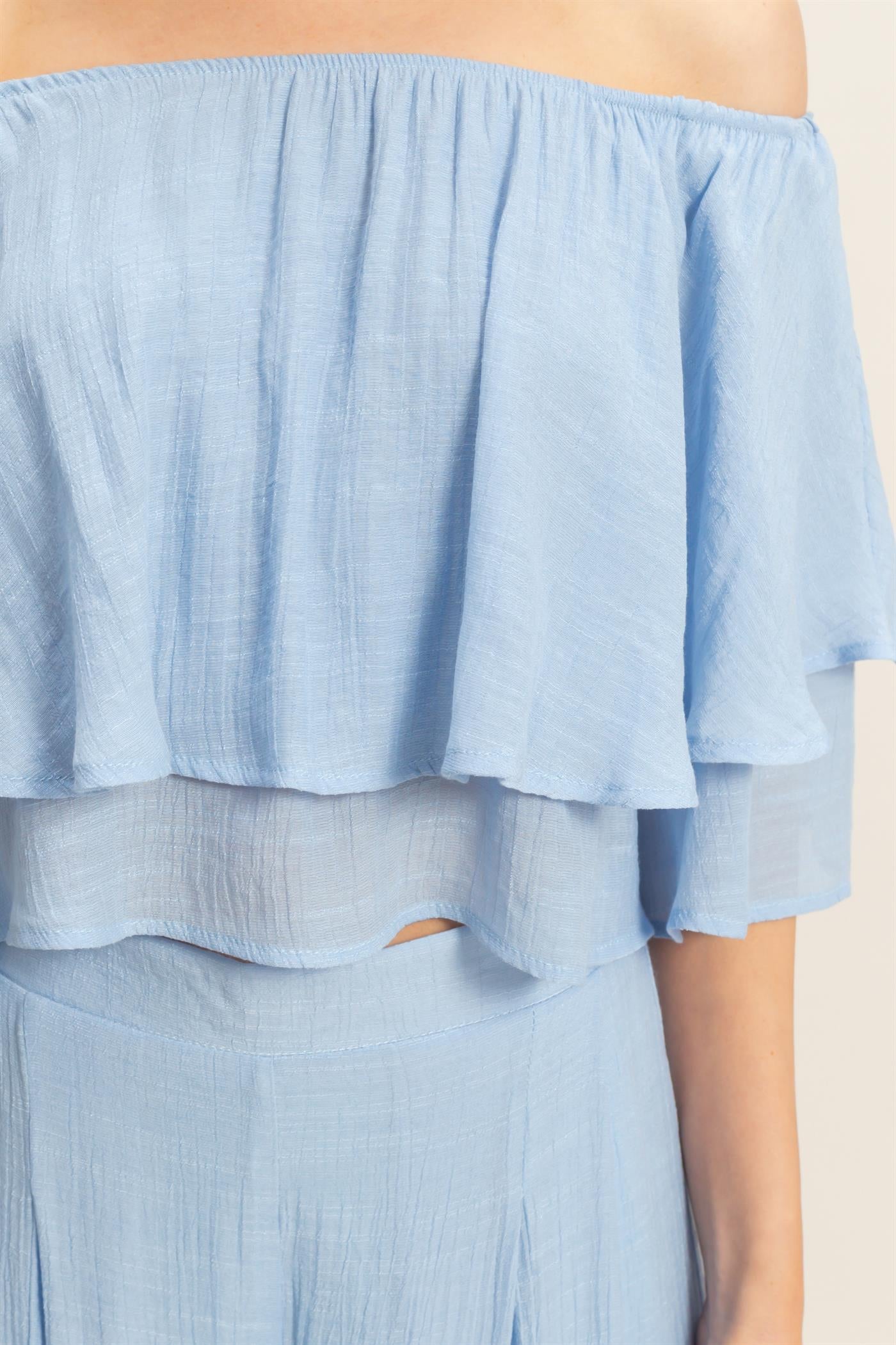 Wholesale Off Shoulder Top & Pleated Pant Set Clothing HF26C291-SET-D POWDER BLUE HYFVE