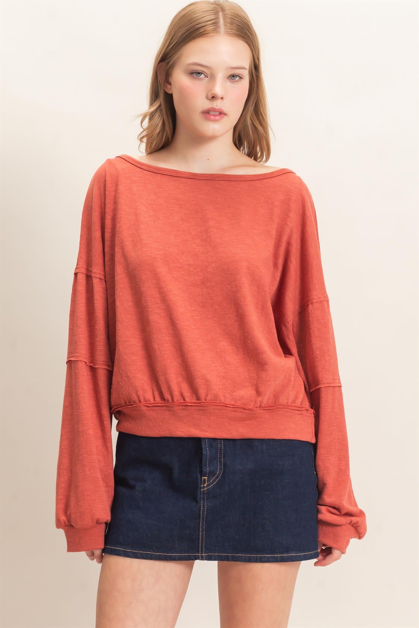 Wholesale Relaxed Boat Neck Long Sleeve Top Clothing Tops HF25F340 BRICK HYFVE
