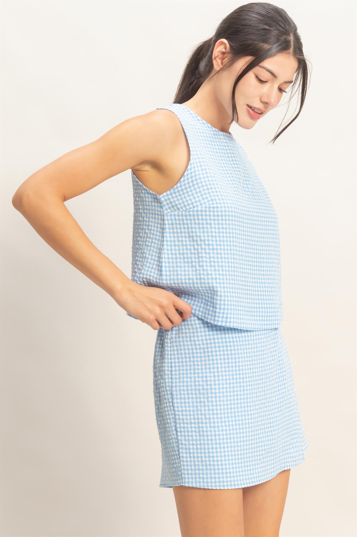 Wholesale Gingham Checkered Sleeveless Top And Skort Set Clothing DZ26C688-SET BLUE DOUBLE ZERO