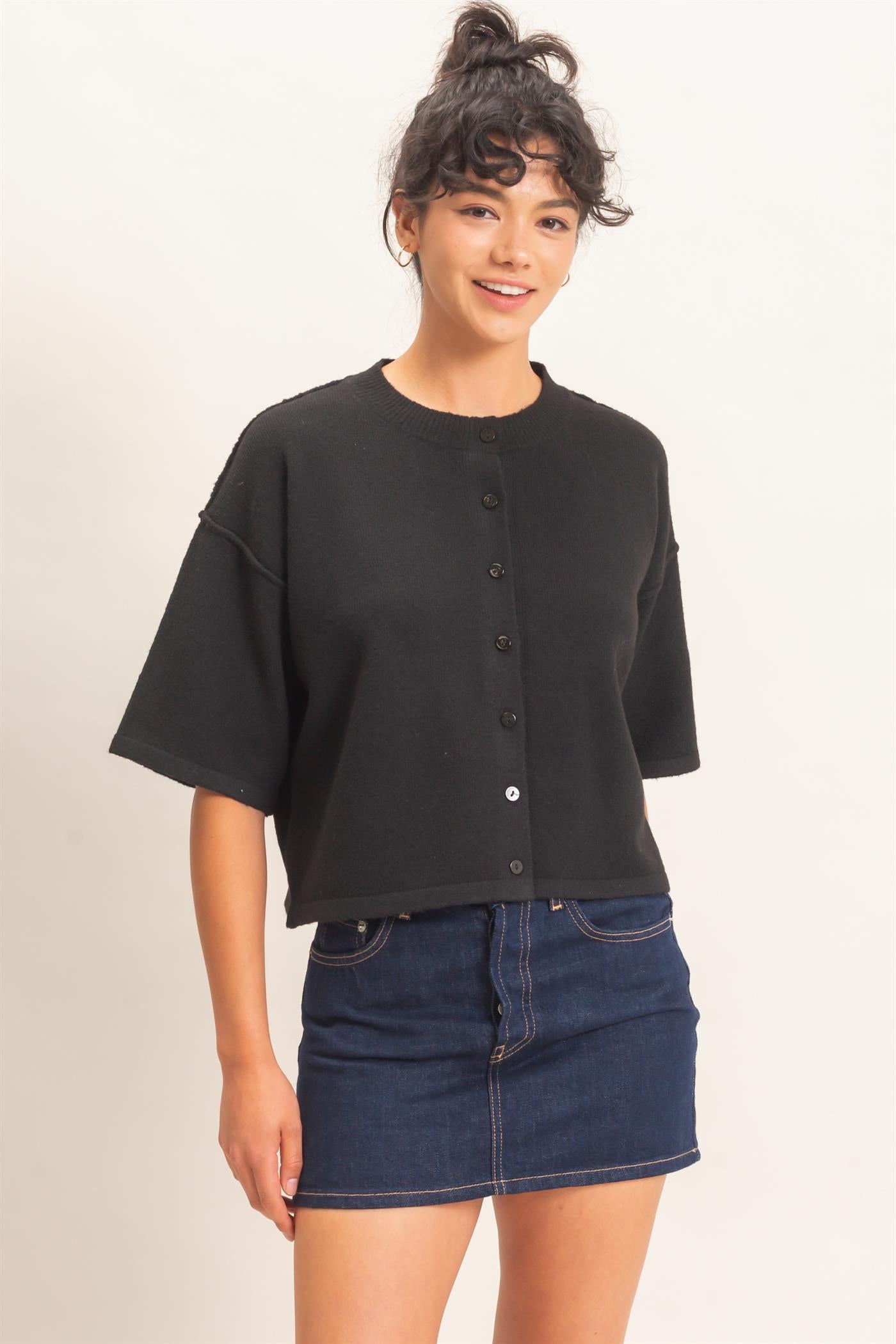 Wholesale Drop Shoulder Short Sleeve Cardigan Cardigans DZ26E238 BLACK DOUBLE ZERO