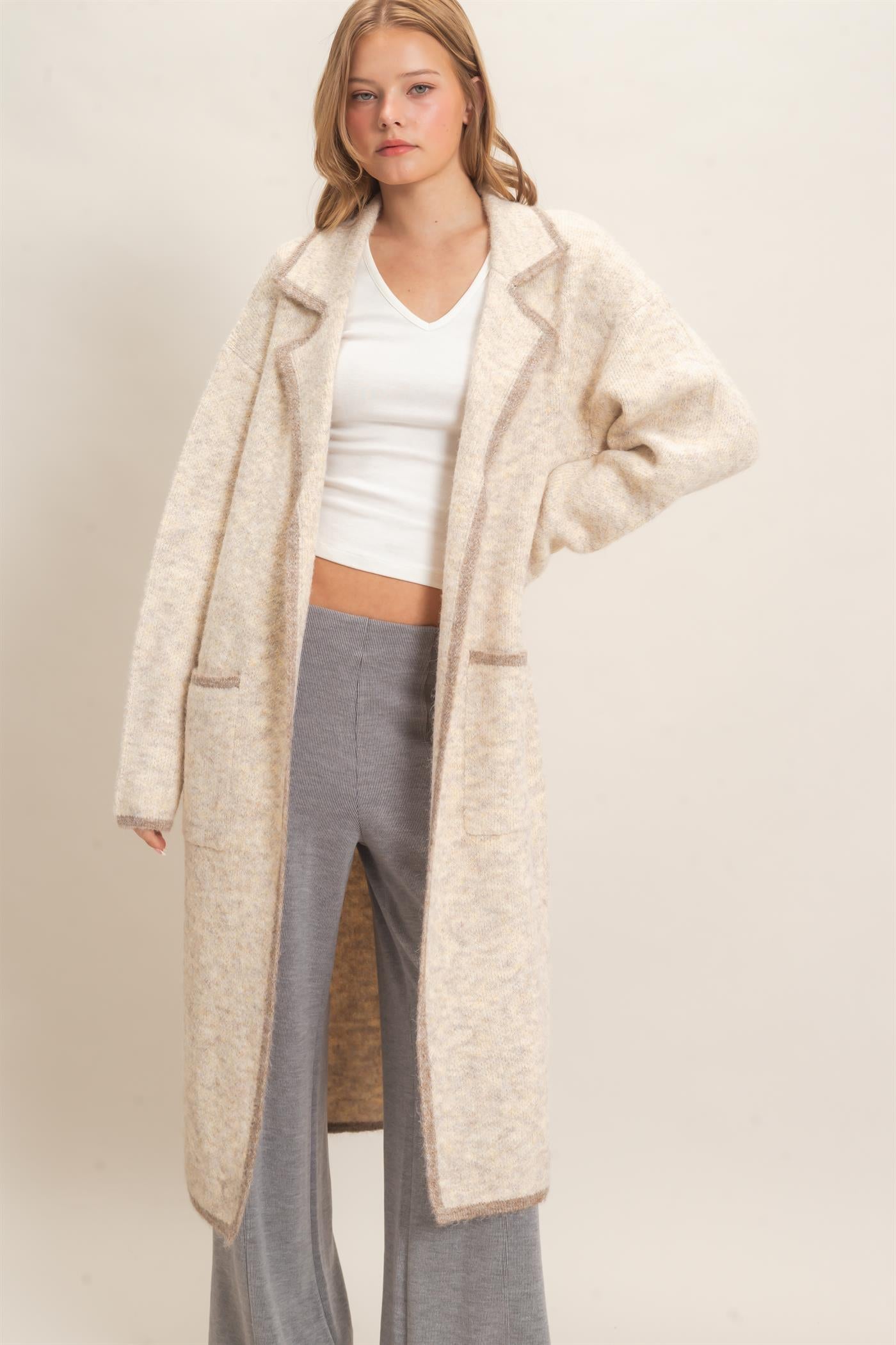 Wholesale Notched Collar Coatigan Sweater Cardigans HF26E695 OATMEAL HYFVE