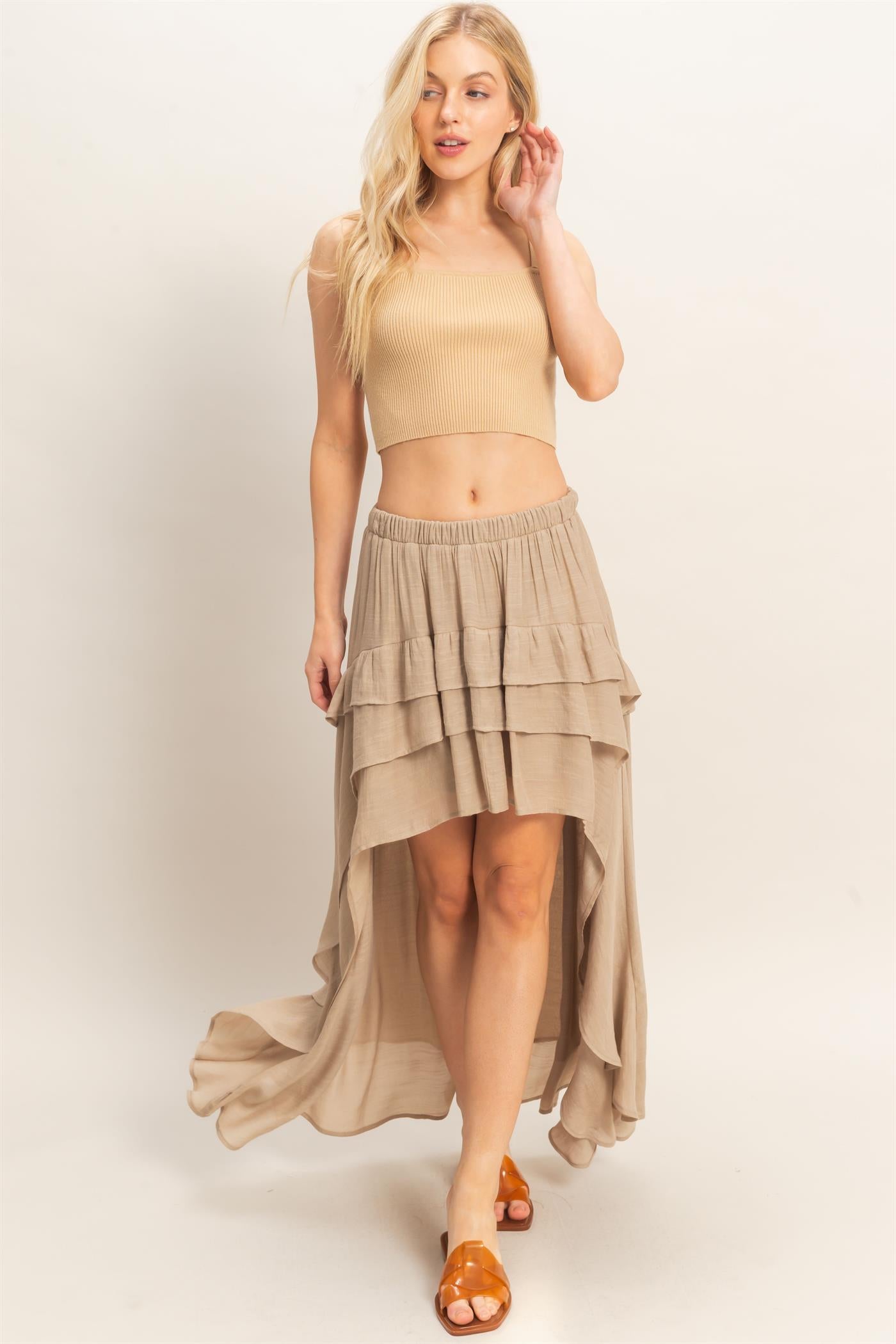 Wholesale Tiered Ruffle High-Low Skirt Skirts HF26C194 TAUPE HYFVE