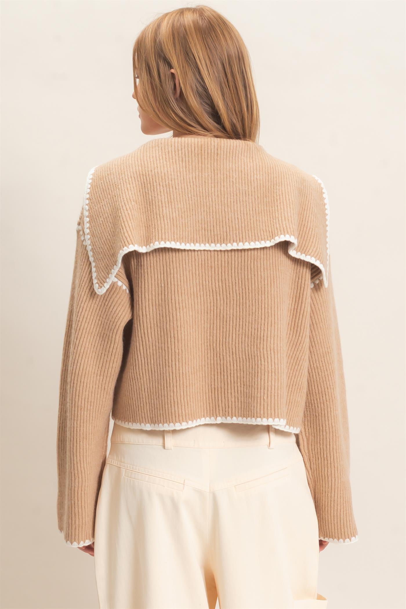 Wholesale Collared Cardigan Sweater With Picot Trim Cardigans HF26E897 TAUPE HYFVE