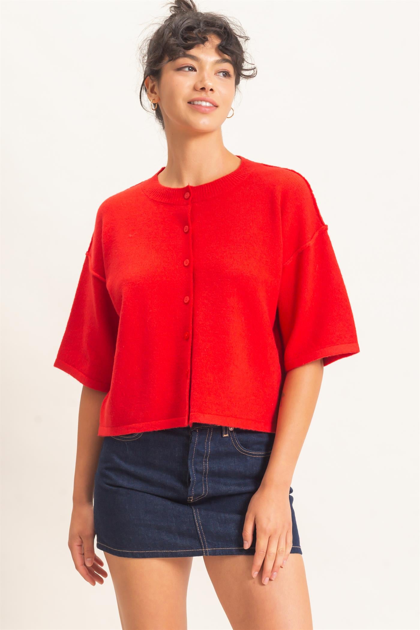 Wholesale Drop Shoulder Short Sleeve Cardigan Cardigans DZ26E238 RED DOUBLE ZERO