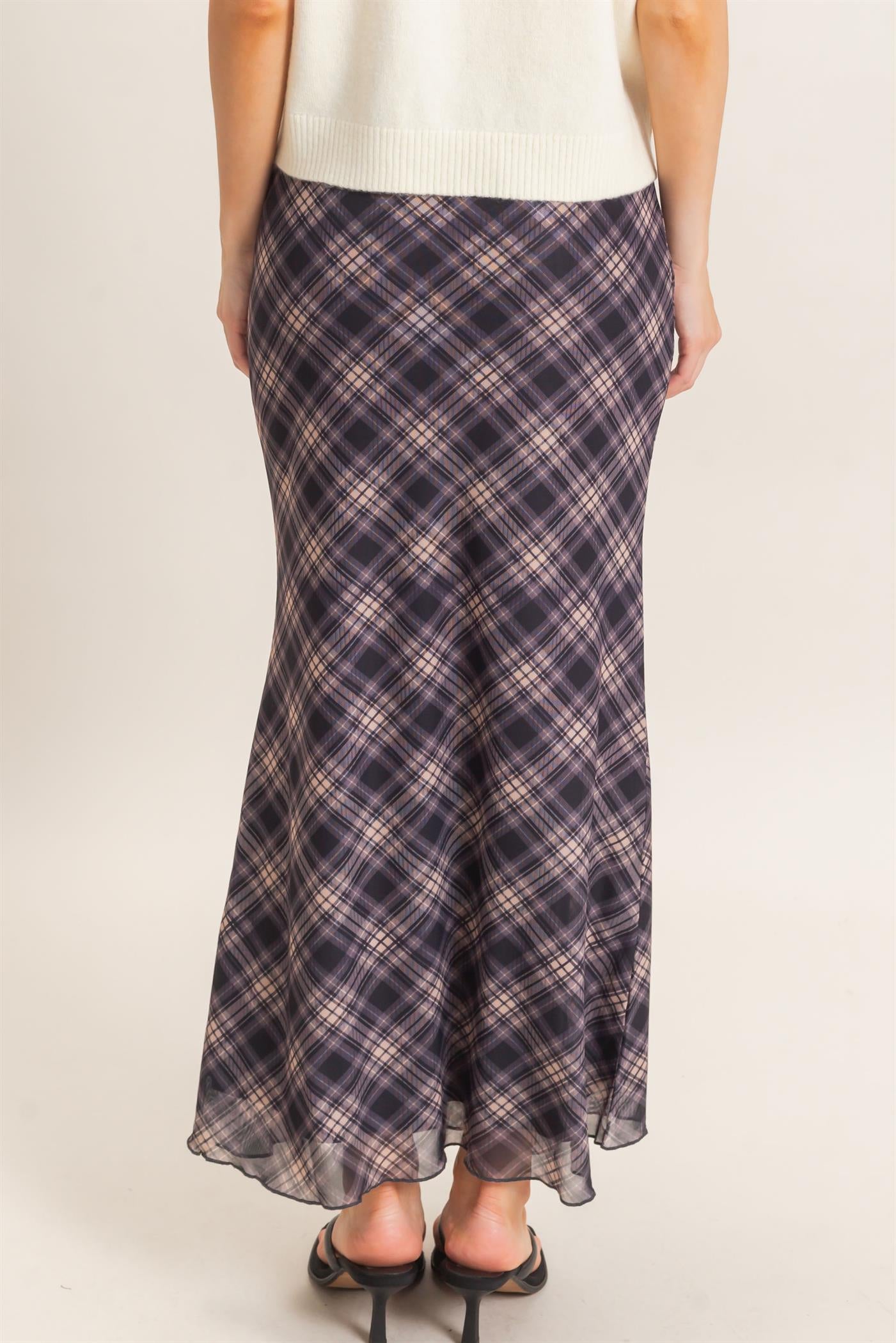 Wholesale Printed Mesh Maxi Skirt Skirts HF26F214 BLACK/PLAID HYFVE