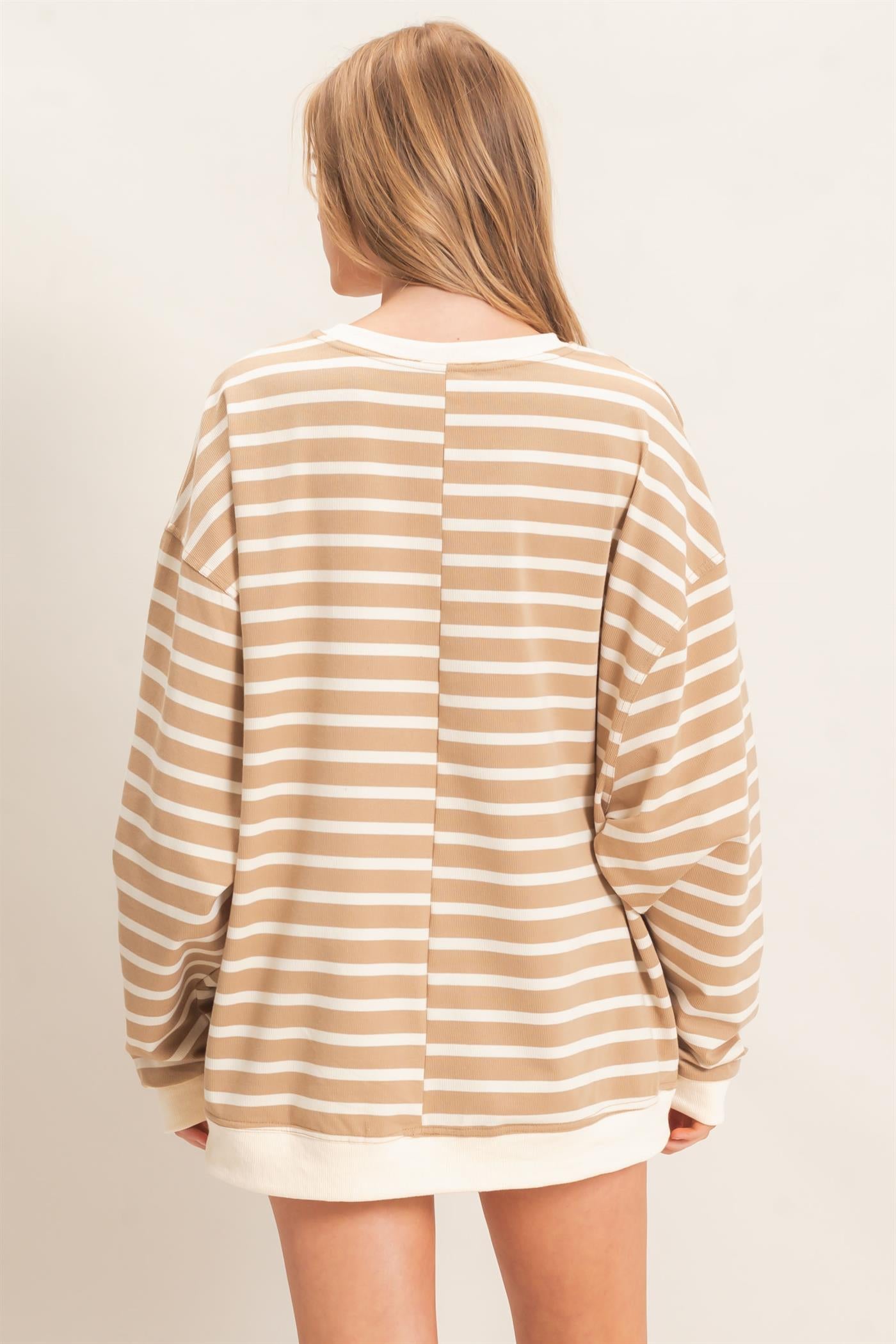 Wholesale Striped Long Sleeve Pullover Sweatshirts HF26F077 TAUPE/CREAM HYFVE
