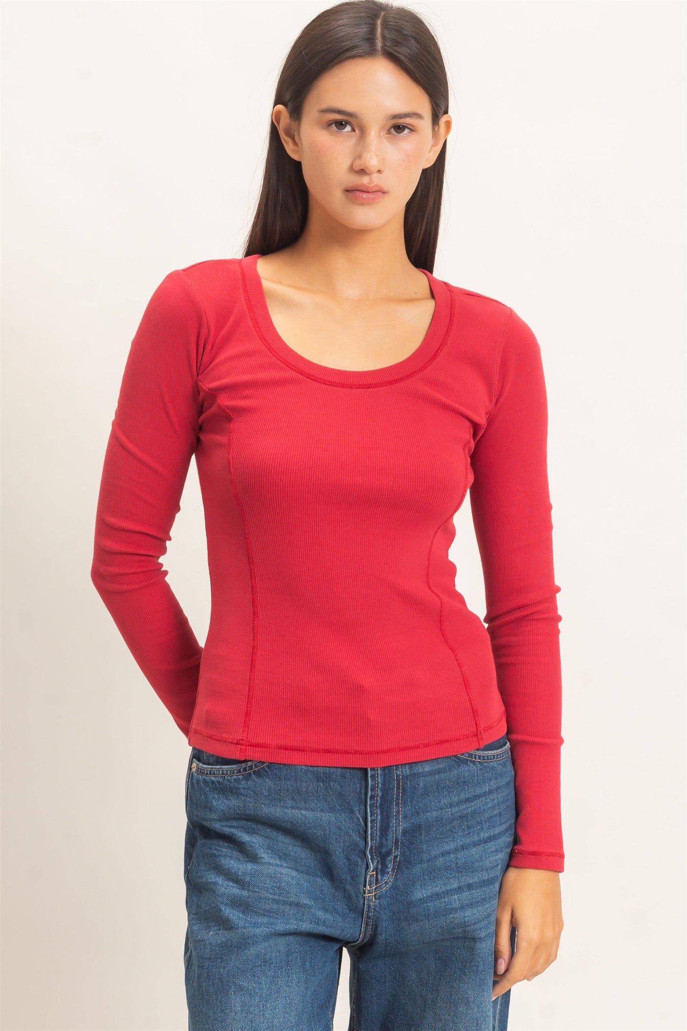 Wholesale Pigment Dye Seam Detail Scoop Neck Top Clothing Tops DZ26E242 DARK RED DOUBLE ZERO