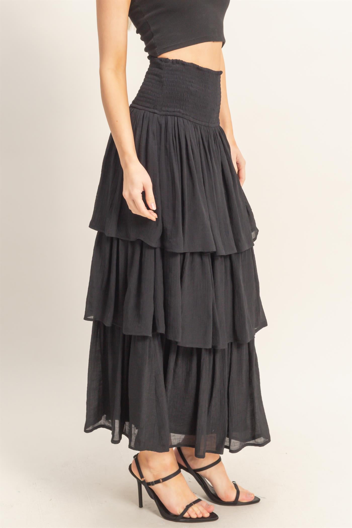 Wholesale Tiered Smocked Waist Skirt Skirts HF26C188-D BLACK HYFVE