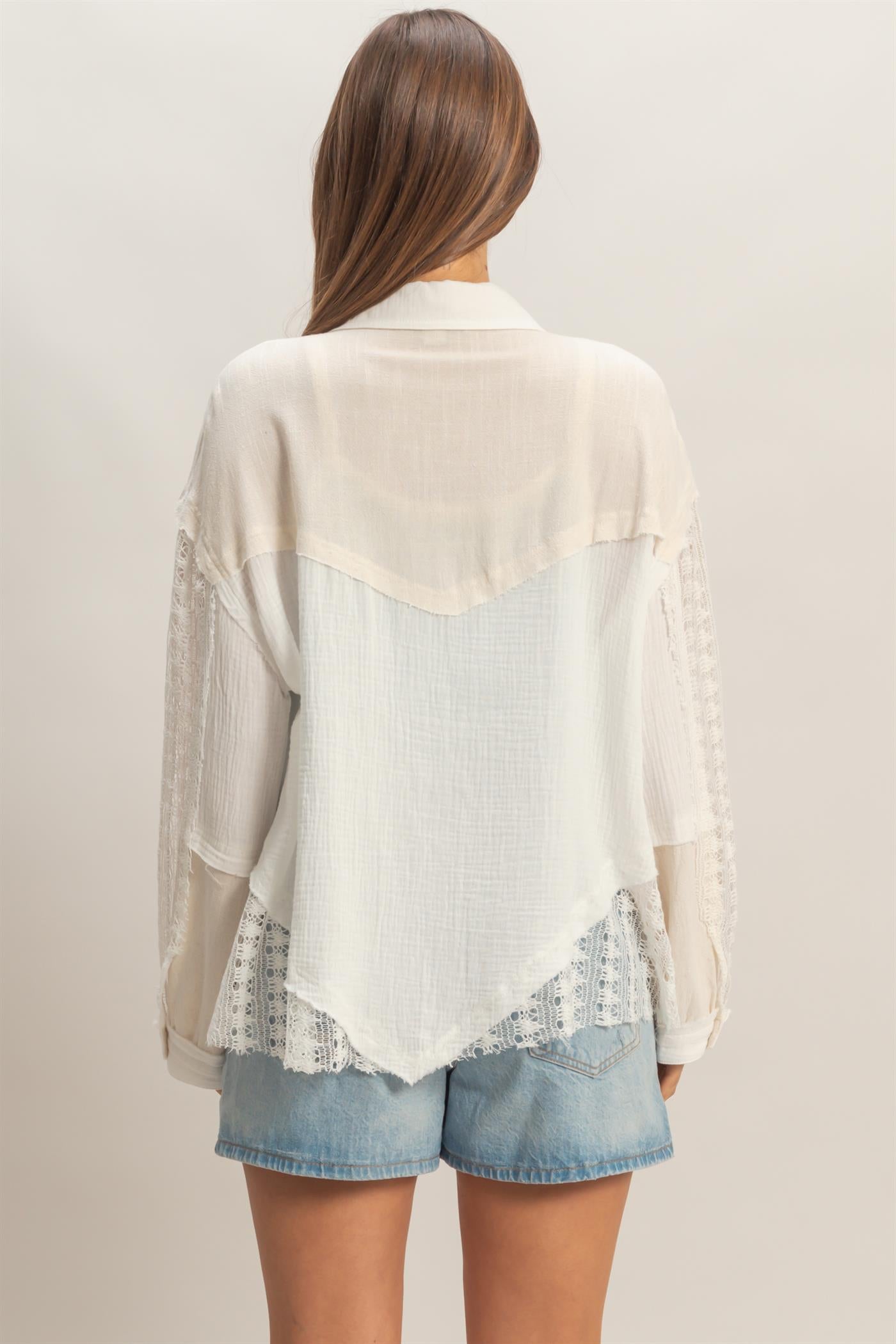 Wholesale Lace Panel Button-Up Shirt Shirts HF26C315 OATMEAL HYFVE