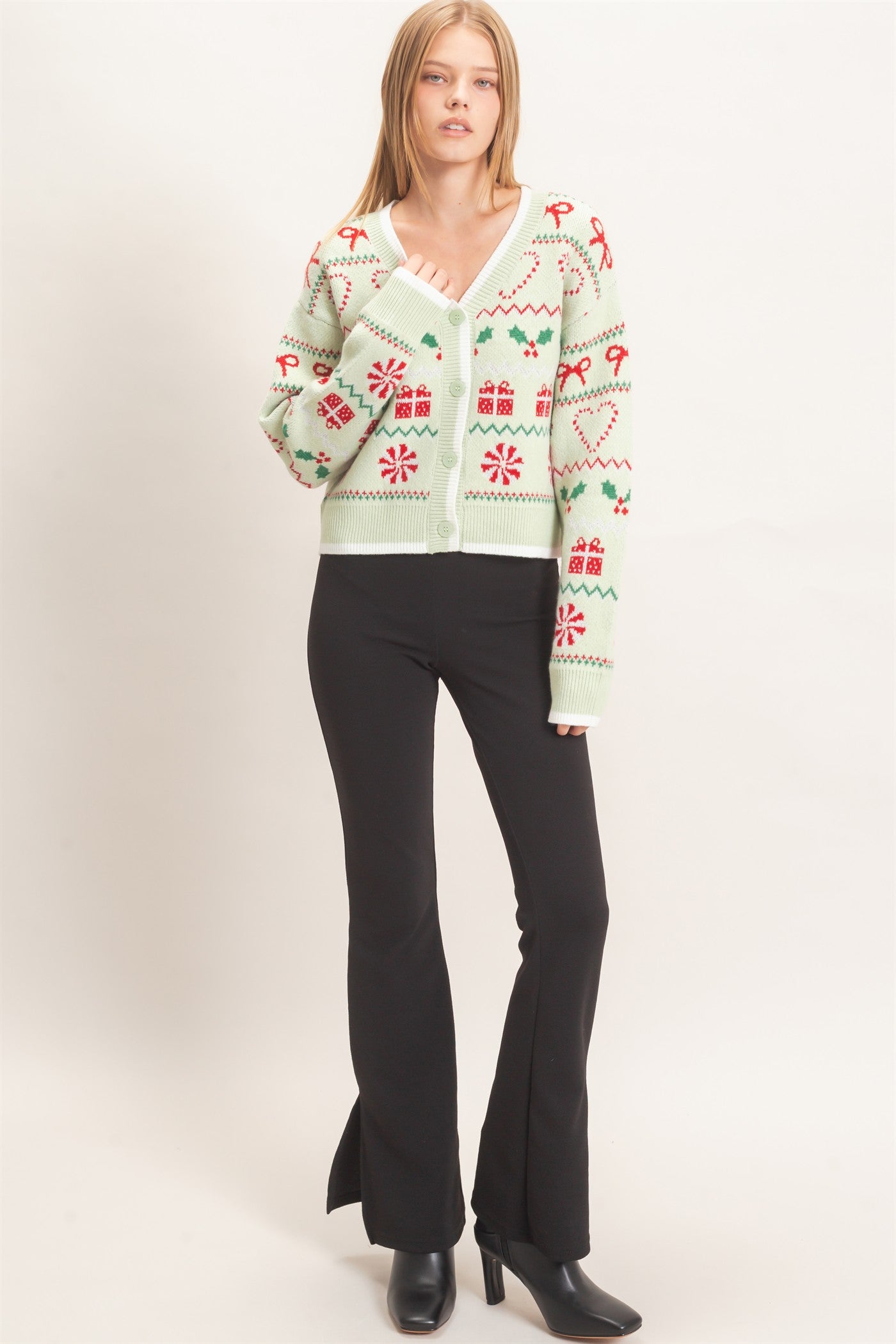 Wholesale Holiday Jacquard V-Neck Cardigan Cardigans HF26E919 SAGE GREEN HYFVE
