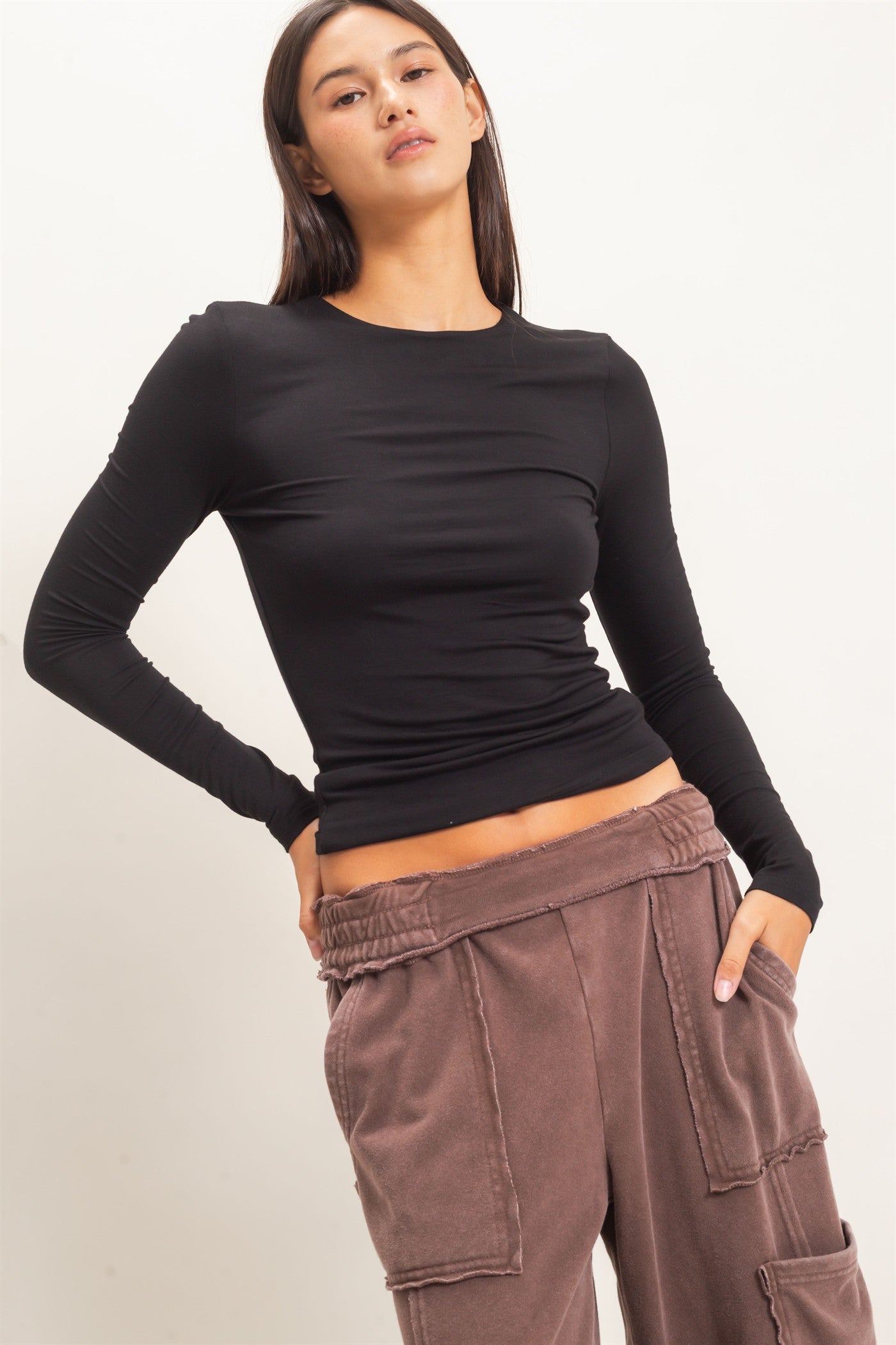 Wholesale Crew Neck Long Sleeve Top Clothing Tops DZ26E978 BLACK DOUBLE ZERO