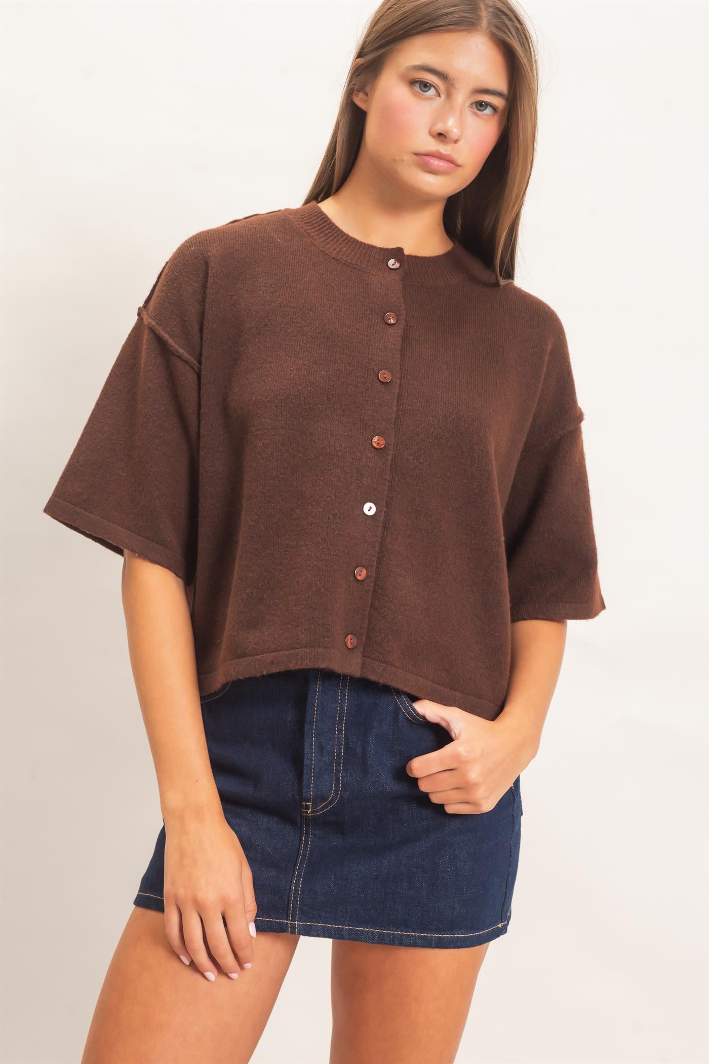 Wholesale Drop Shoulder Short Sleeve Cardigan Cardigans DZ26E238 DARK BROWN DOUBLE ZERO