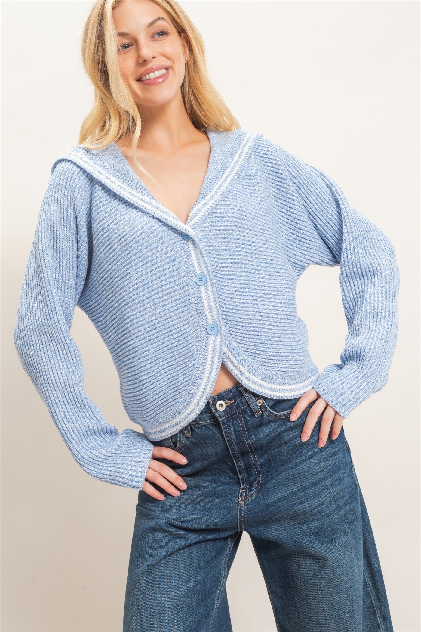 Wholesale Ribbed Button-Up Cardigan Cardigans HF26E036 BLUE HYFVE