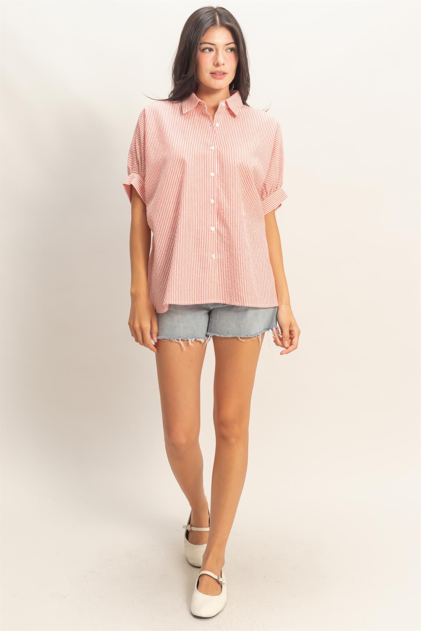 Wholesale Striped Short Sleeve Button-Front Blouse T-Shirts DZ26C276 RED DOUBLE ZERO