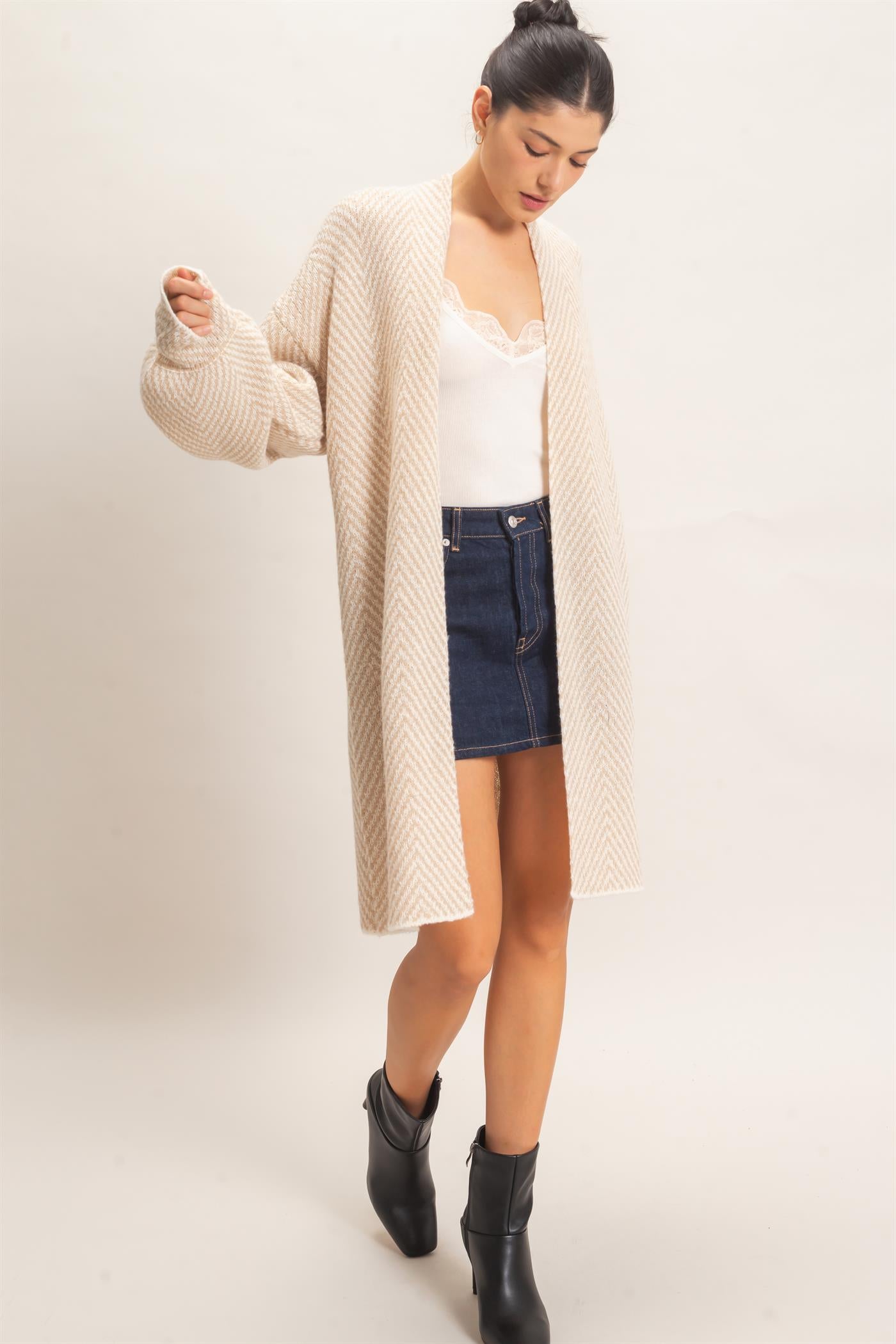 Wholesale Herringbone Pattern Open-Front Cardigan Cardigans HF26F171 TAUPE HYFVE