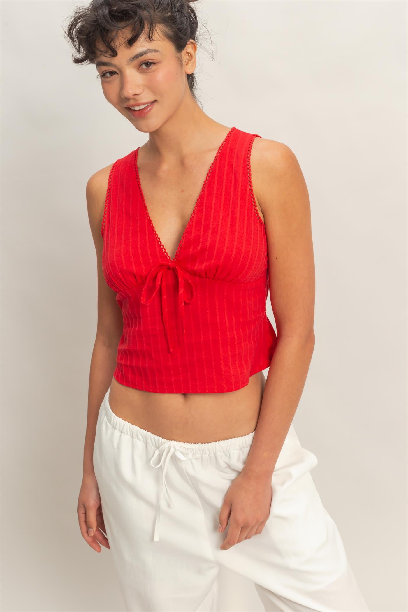 Wholesale Sleeveless Scallop Trim V-Neck Tie-Back Top Clothing Tops DZ26C185 RED DOUBLE ZERO