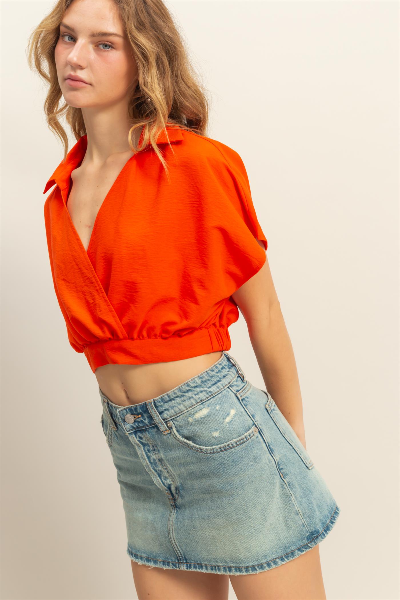 Wholesale Casual Batwing Sleeves Surplice Top Blouses DZ25C243 TOMATO DOUBLE ZERO