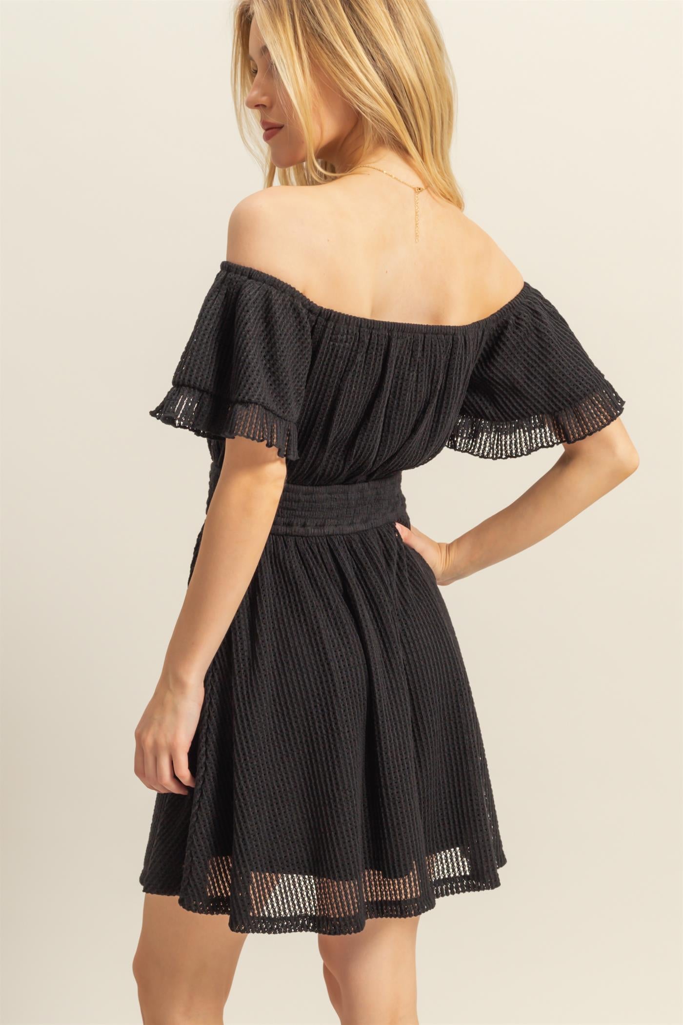 Wholesale Crochet Off-The-Shoulder Mini Dress Dresses HF25E125 BLACK HYFVE