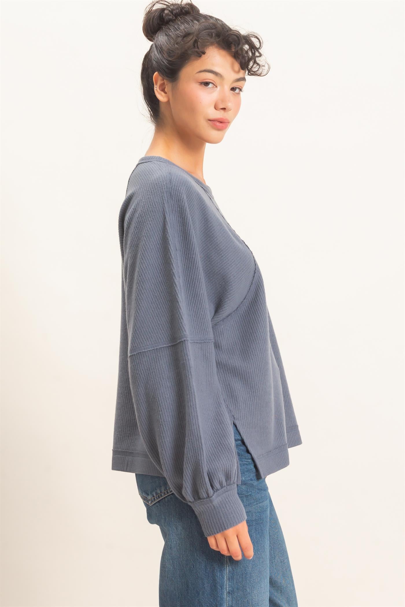 Wholesale Brushed Waffle Long Sleeve Top Clothing Tops DZ26F312 DARK GRAY DOUBLE ZERO