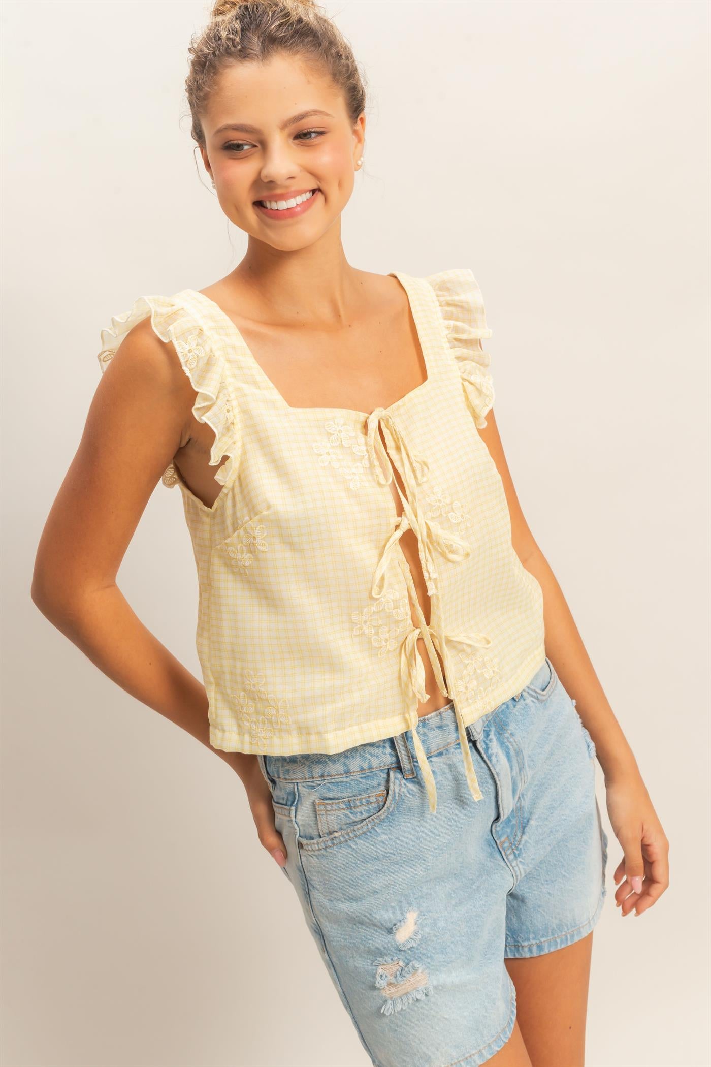Wholesale Embroidered Gingham Tie Front Top Clothing HF26A501 YELLOW HYFVE