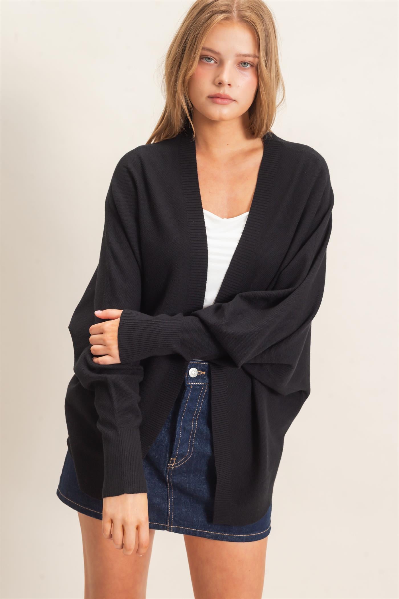 Wholesale Open Front Knit Cardigan Cardigans HF26E834 BLACK HYFVE
