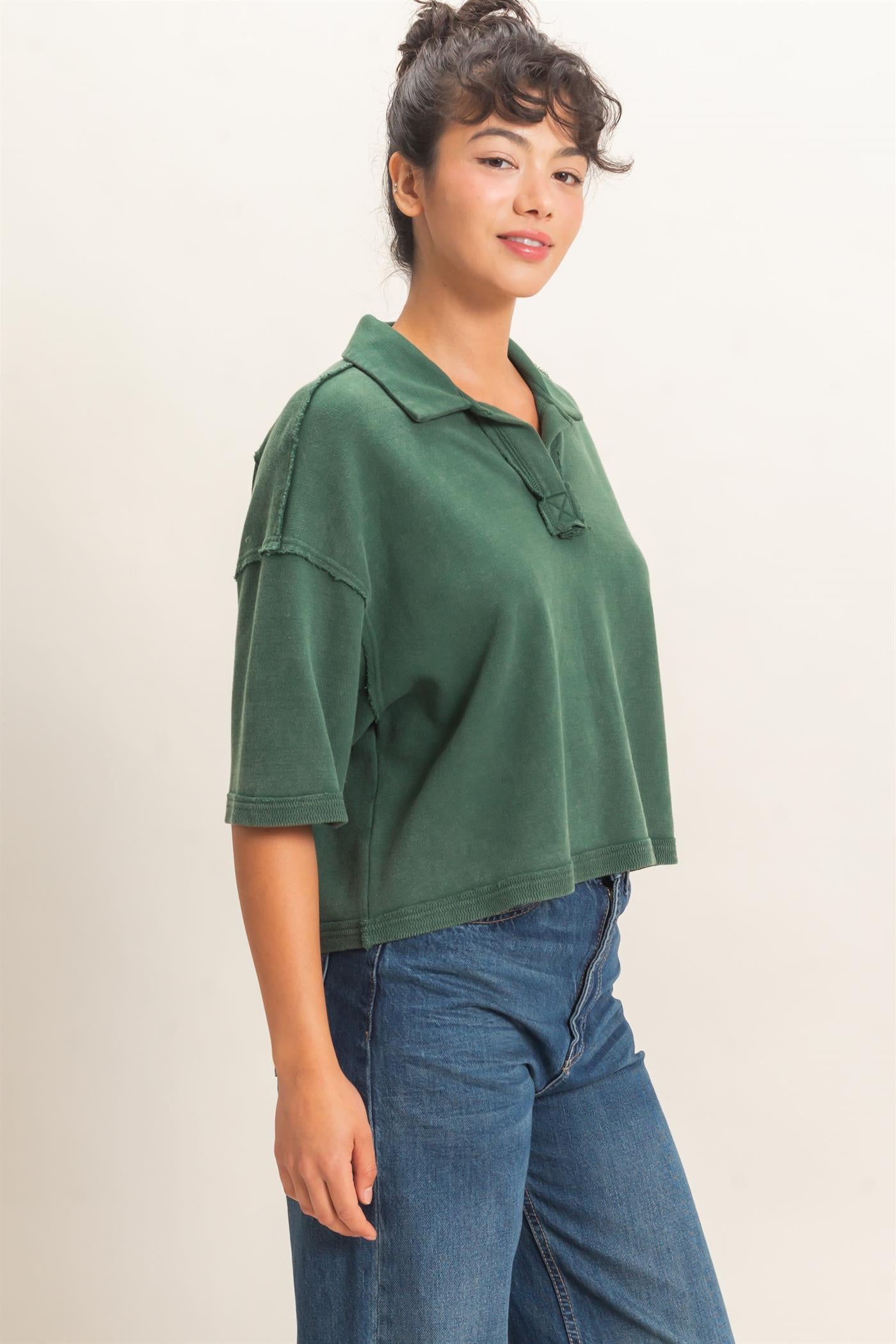 Wholesale Mineral Wash Oversized Collar Short Sleeve Top Clothing Tops DZ26E813 DARK GREEN DOUBLE ZERO