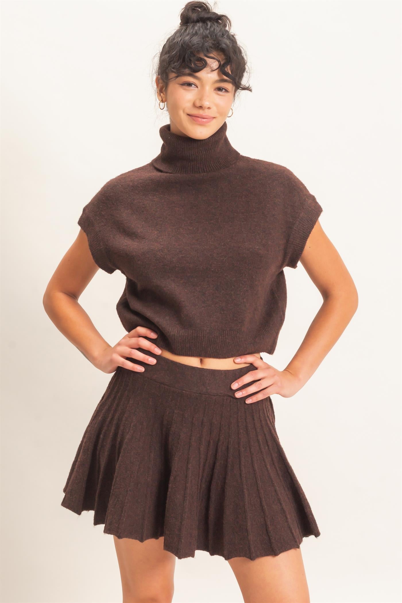 Wholesale Turtleneck Crop Top And Pleated Skirt Set Clothing DZ26C981-SET DARK BROWN DOUBLE ZERO