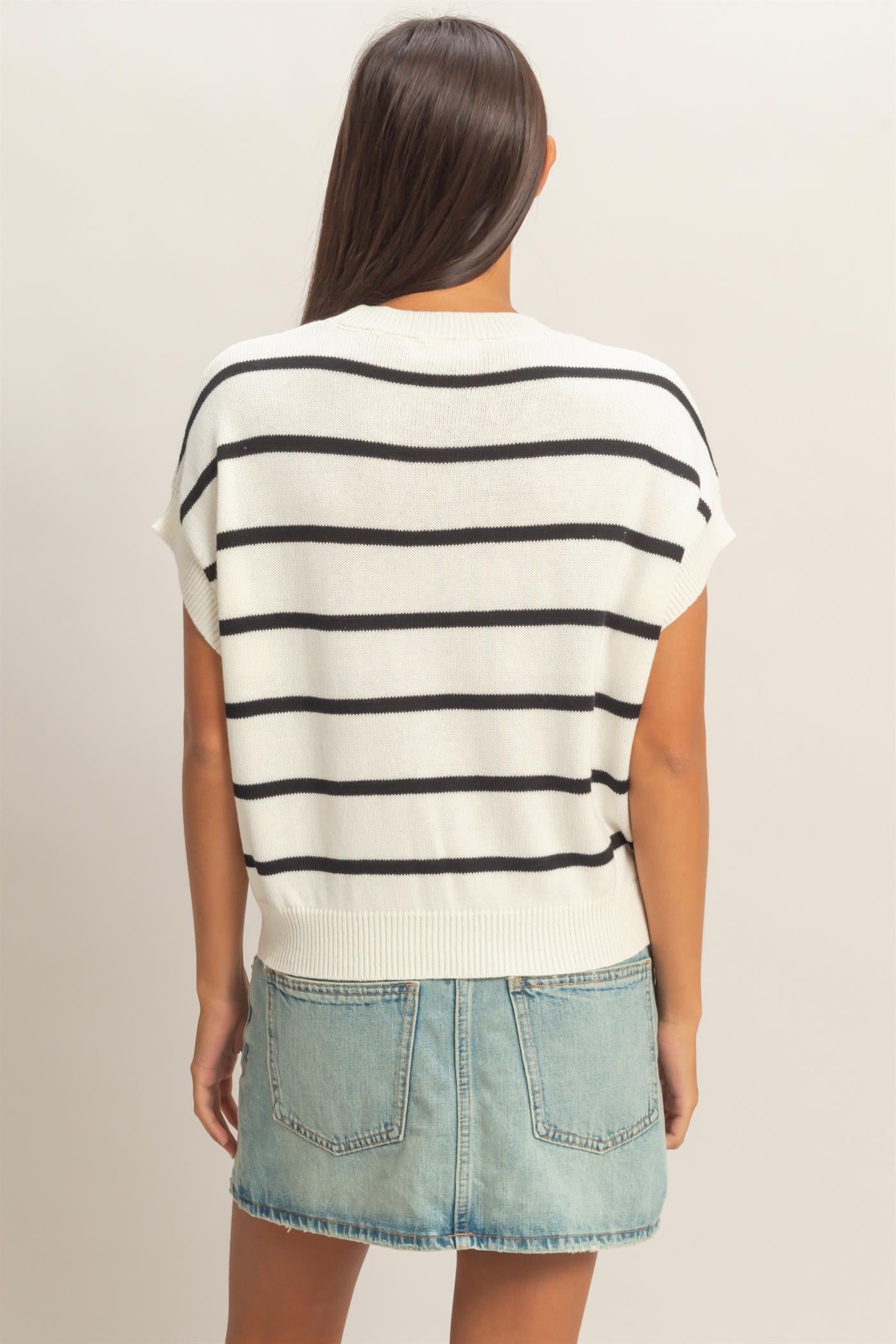 Wholesale Striped Crew Neck Knit Top Clothing Tops DZ26A740 BLACK DOUBLE ZERO