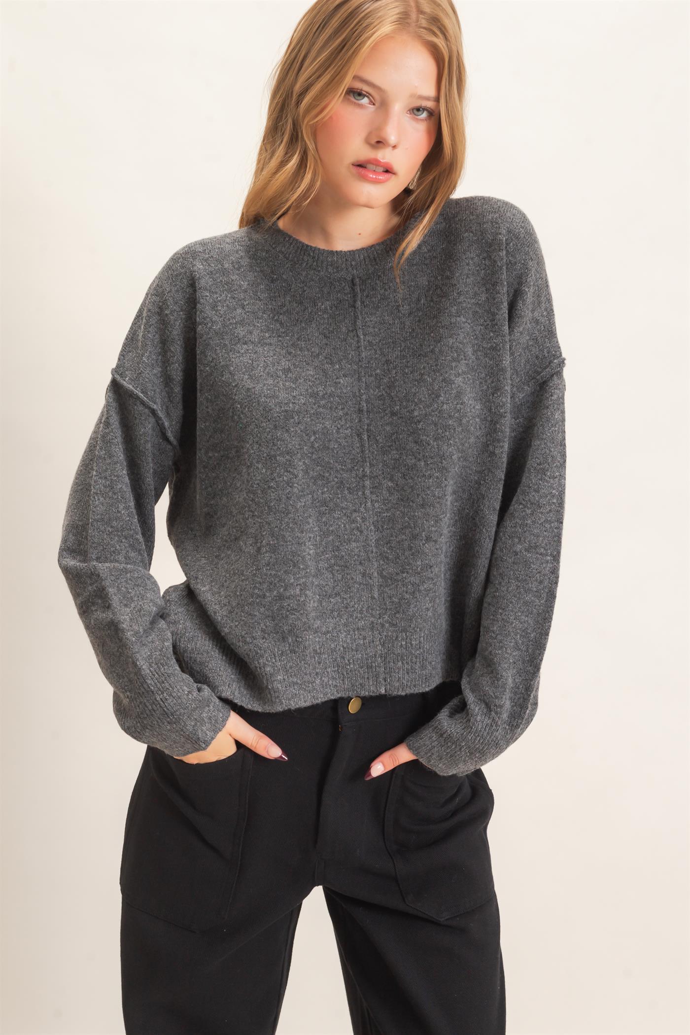 Wholesale Crew Neck Sweater With Ribbed Hem Sweaters HF26E203-D CHARCOAL HYFVE