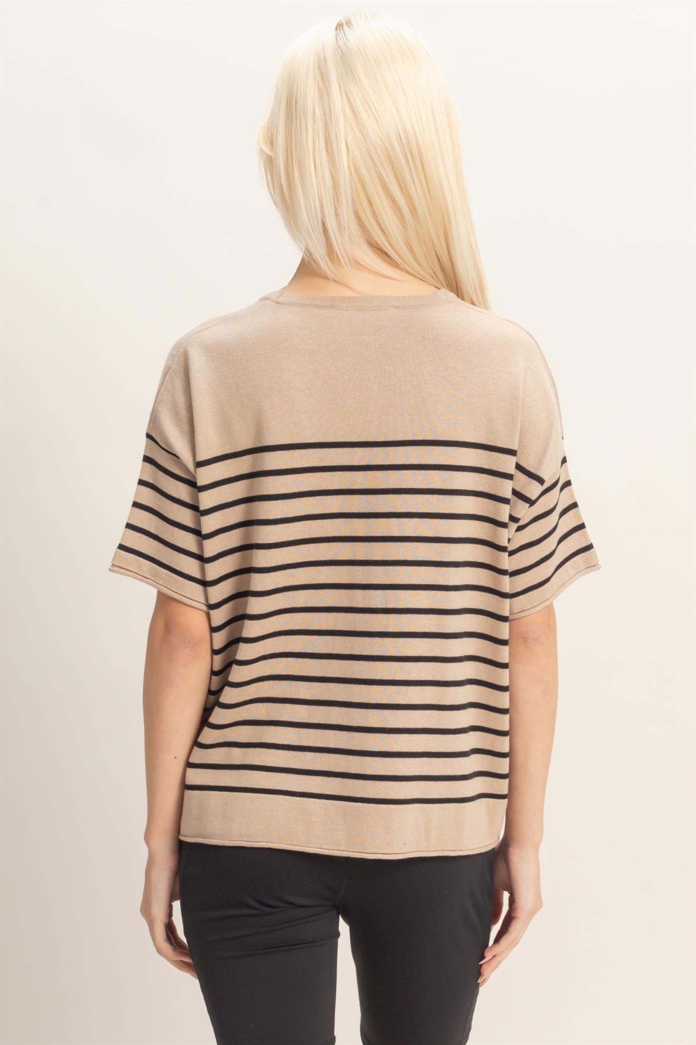 Wholesale Striped Short Sleeve Knit Top Clothing Tops DZ26A838 DARK TAUPE DOUBLE ZERO