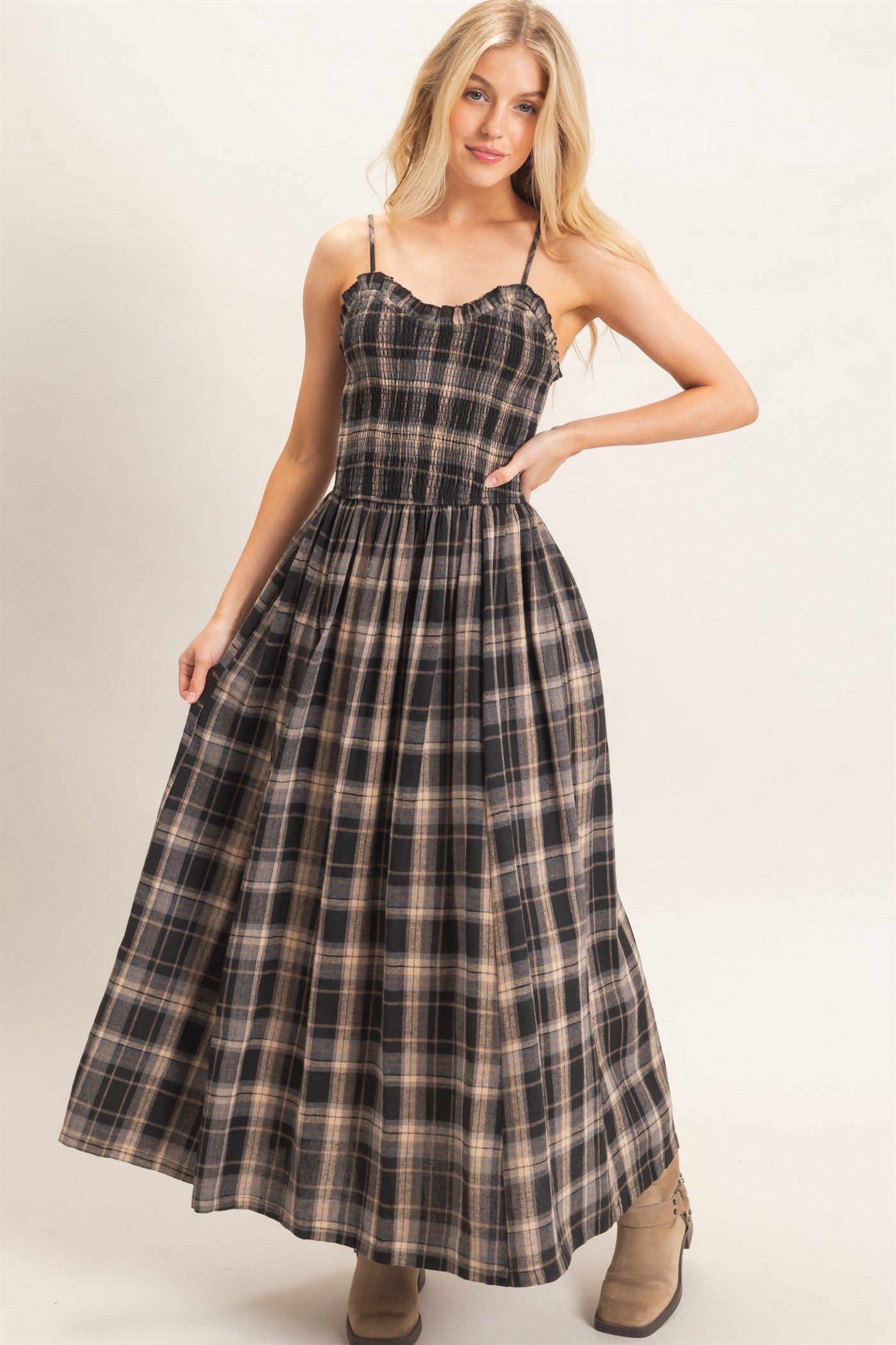 Wholesale Plaid Smocked Maxi Dress Dresses HF26C898 BLACK HYFVE