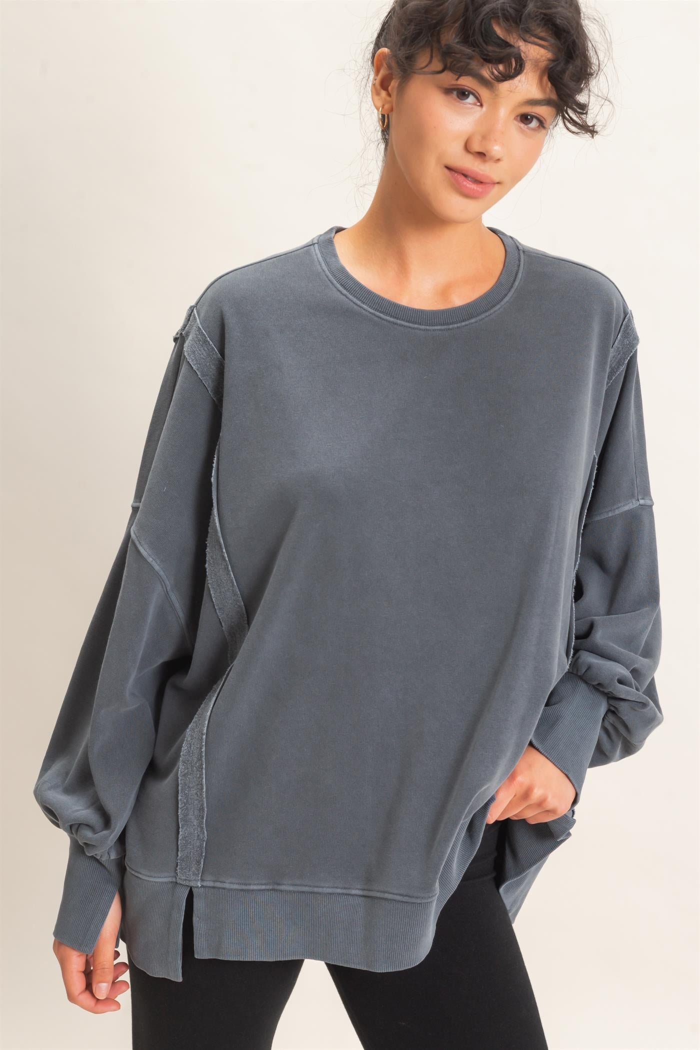 Wholesale Pigment  Dye Oversized Raw Edge Sweatshirt Sweatshirts DZ26C737 DARK GRAY DOUBLE ZERO