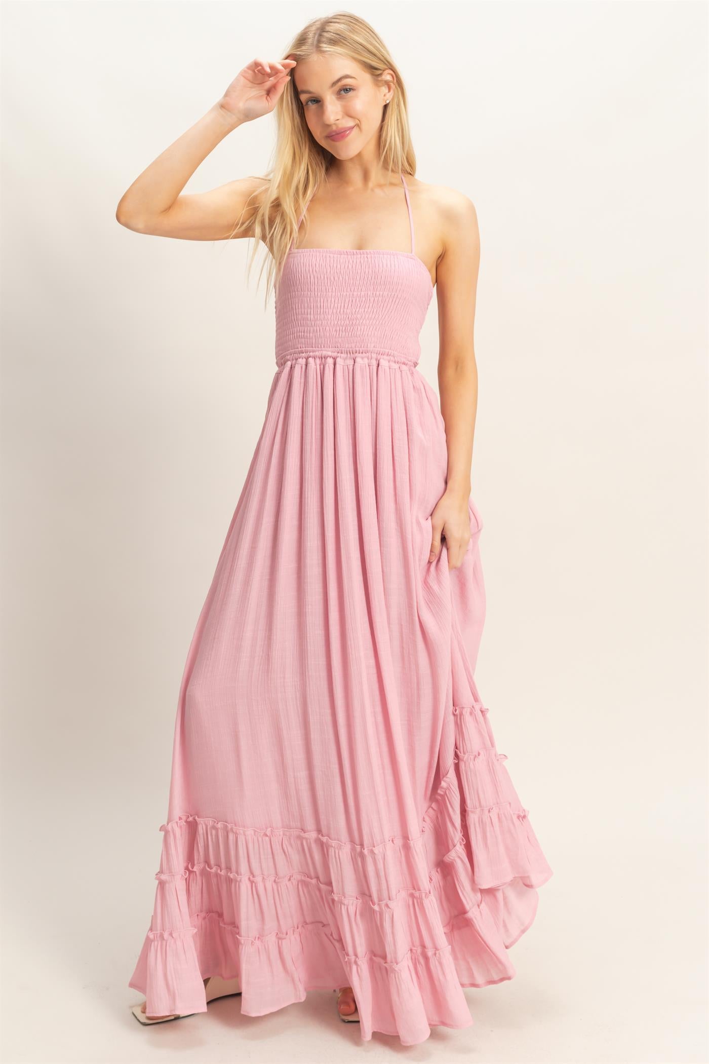 Wholesale Smocked Halter Maxi Dress Dresses HF26C290-D PINK HYFVE