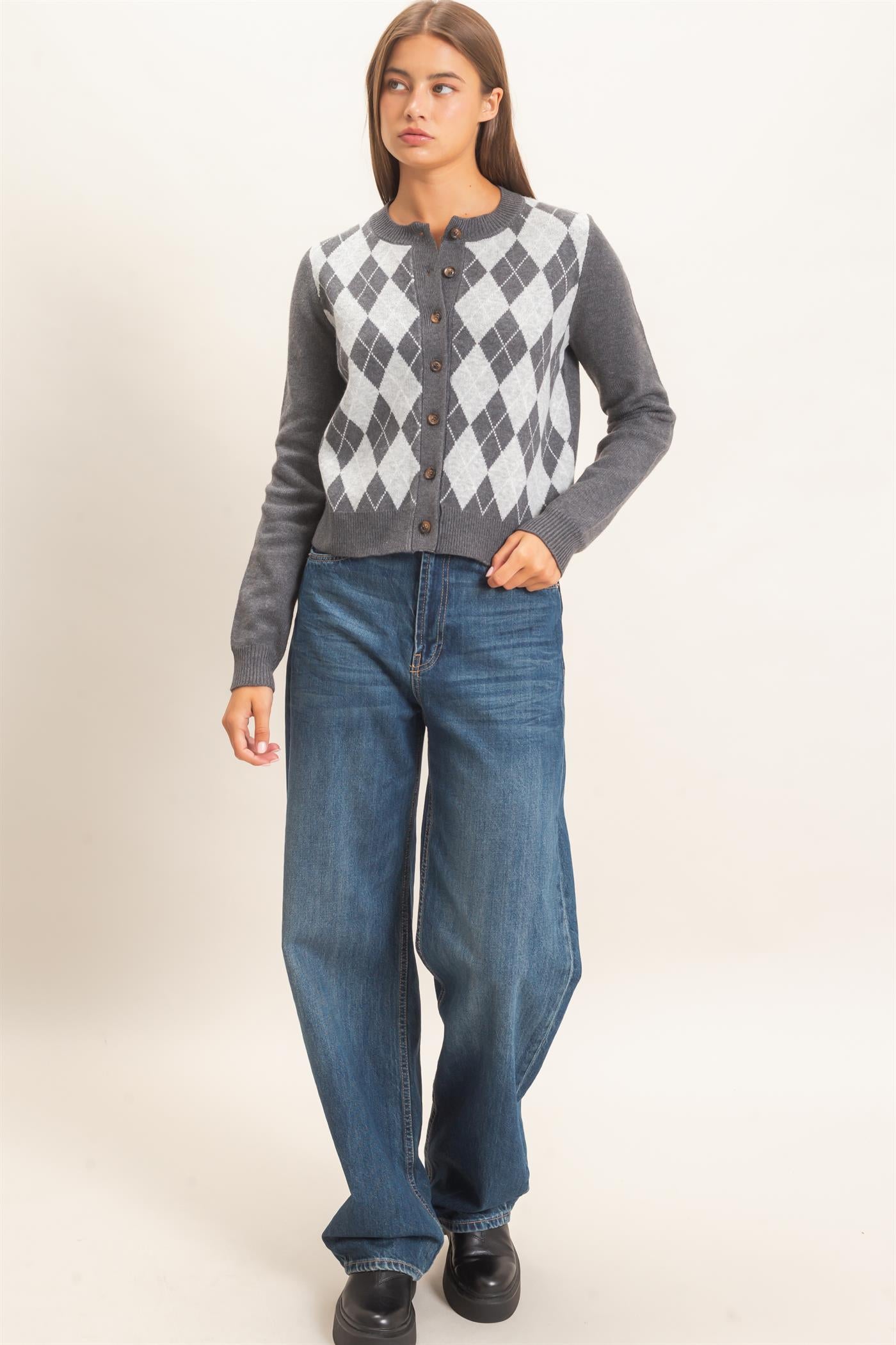 Wholesale Argyle Pattern Cardigan Cardigans DZ26E637 GRAY DOUBLE ZERO