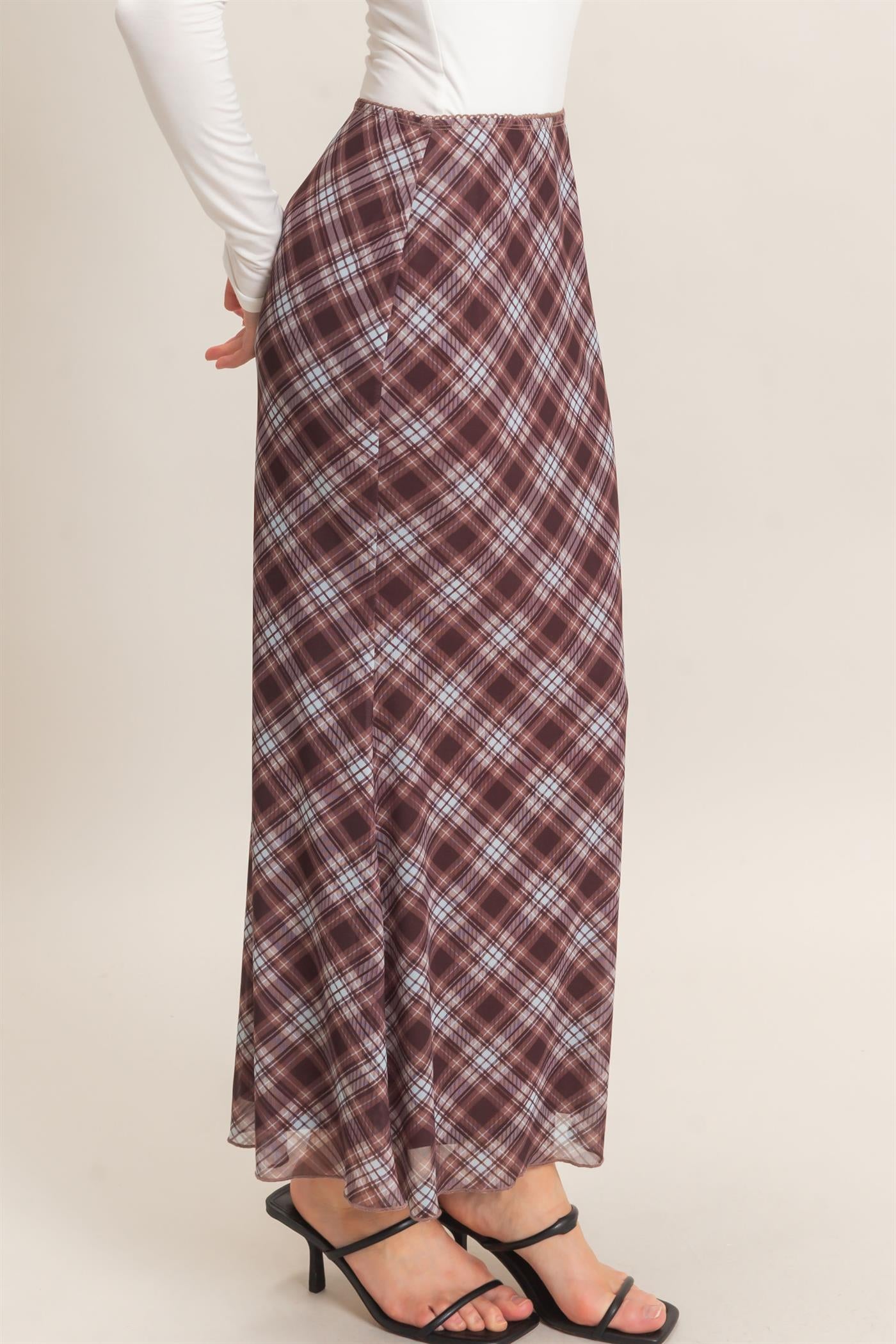 Wholesale Printed Mesh Maxi Skirt Skirts HF26F214 BROWN/PLAID HYFVE
