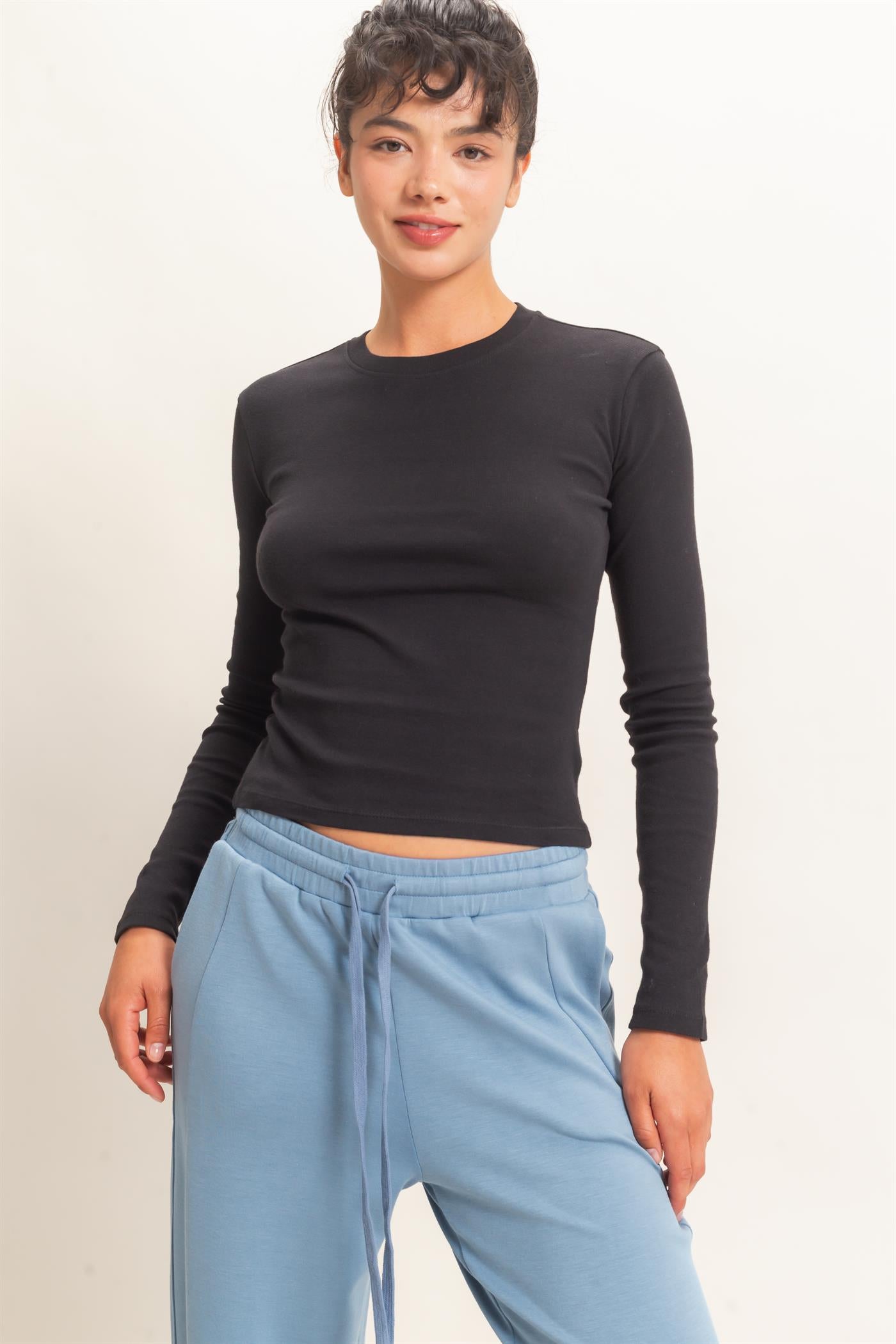 Wholesale Crew Neck Long Sleeve Top Clothing Tops DZ26E184 BLACK DOUBLE ZERO