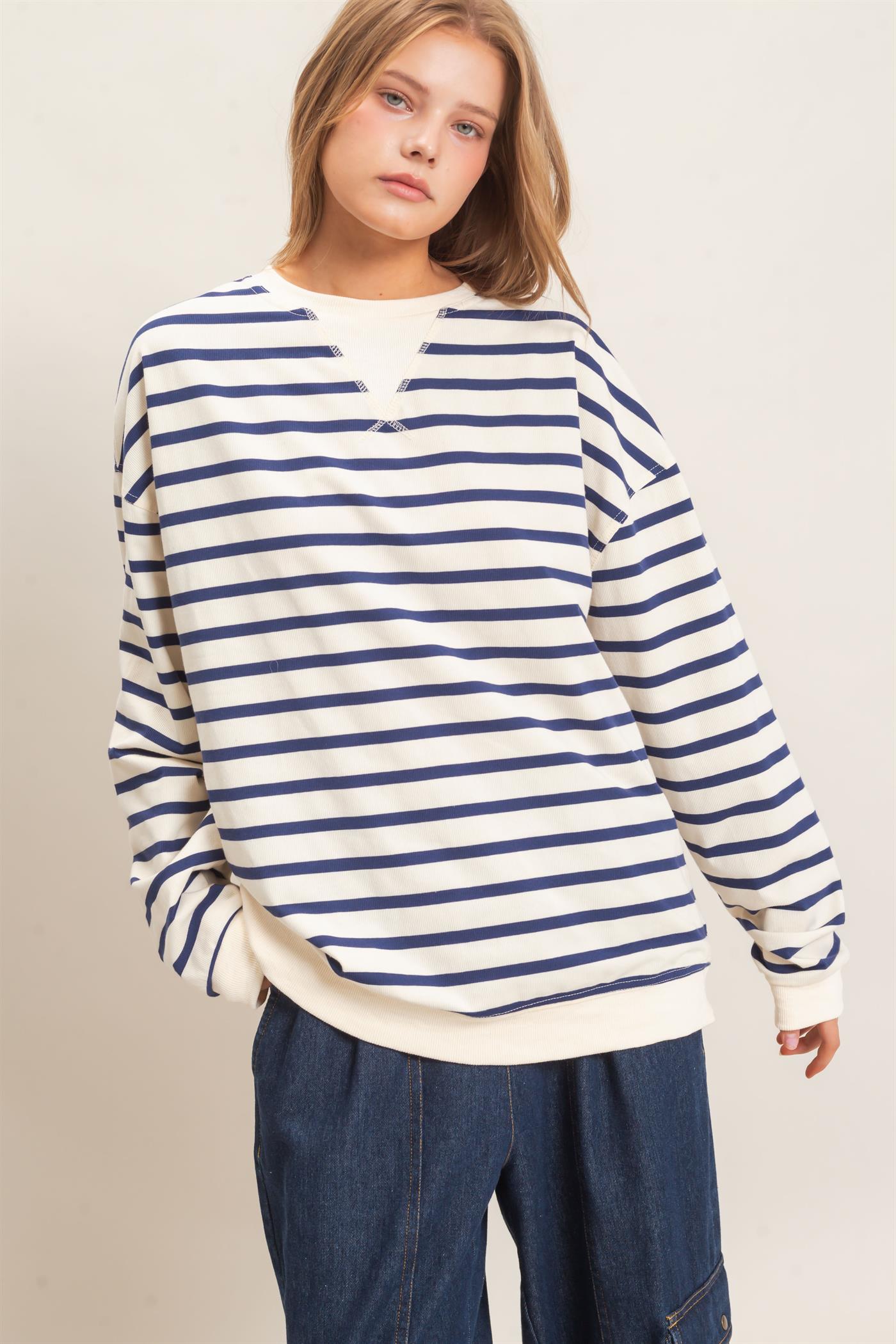 Wholesale Striped Long Sleeve Pullover Sweatshirts HF26F077 NAVY/CREAM HYFVE