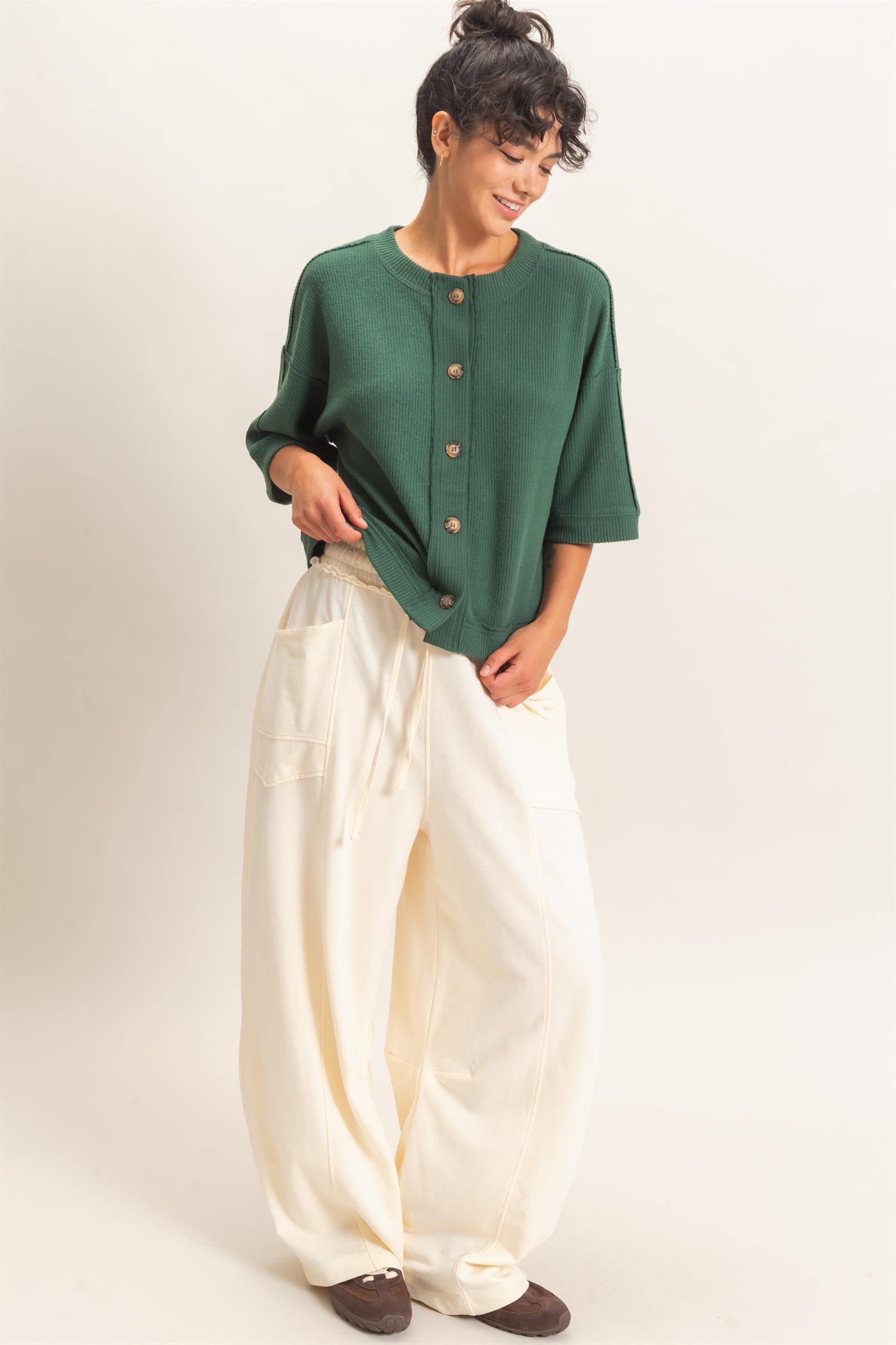 Wholesale Button-Down Short Sleeve Waffle Top Clothing Tops DZ26F244 DARK GREEN DOUBLE ZERO