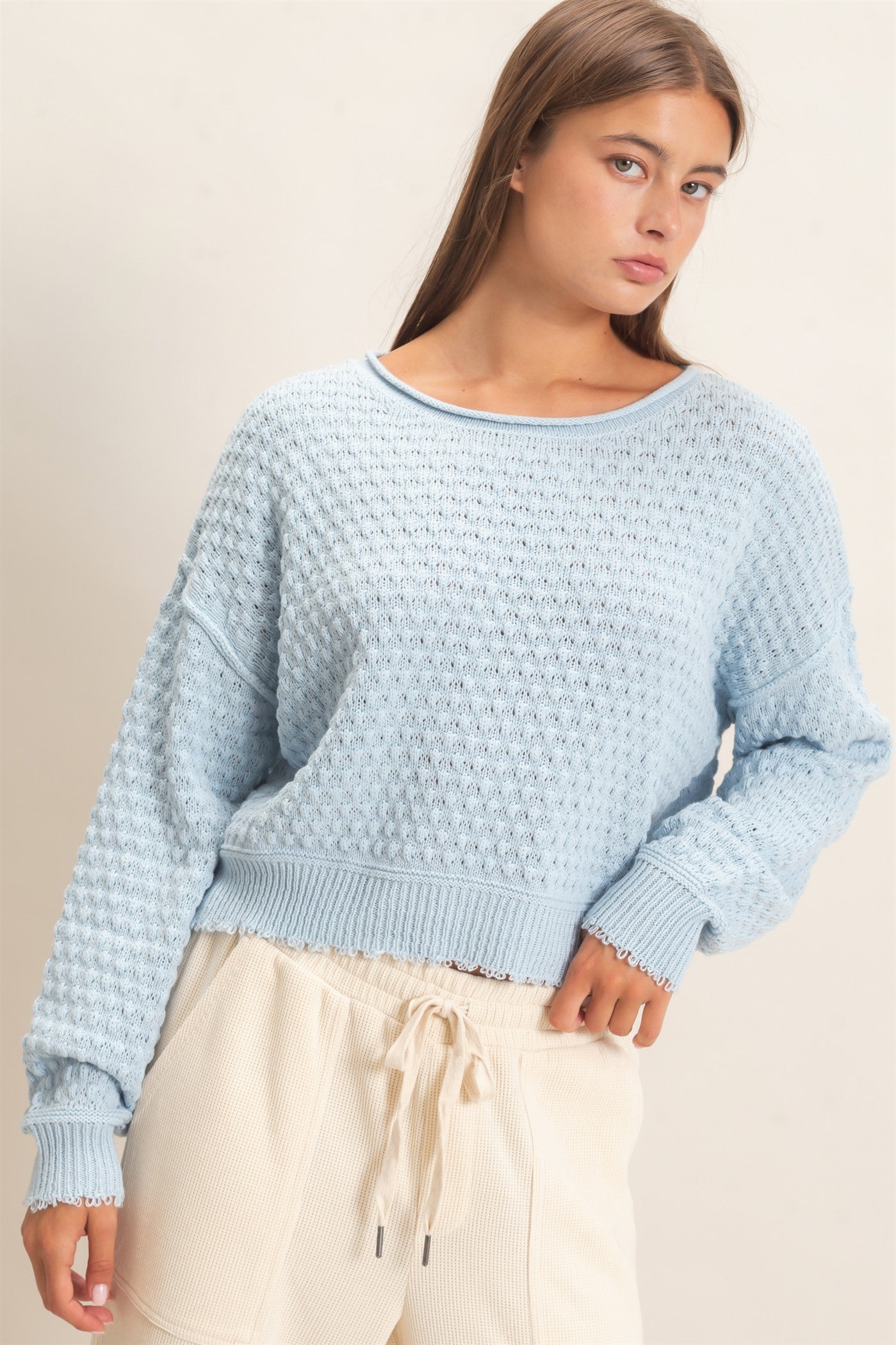 Wholesale Textured Boat Neck Sweater Sweaters DZ26E880 ICE BLUE DOUBLE ZERO