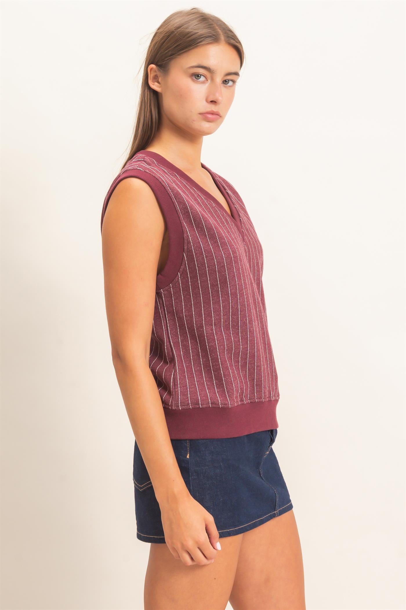 Wholesale V-Neck Pinstripe Sleeveless Top Clothing Tops DZ26E626 DARK CHERRY DOUBLE ZERO