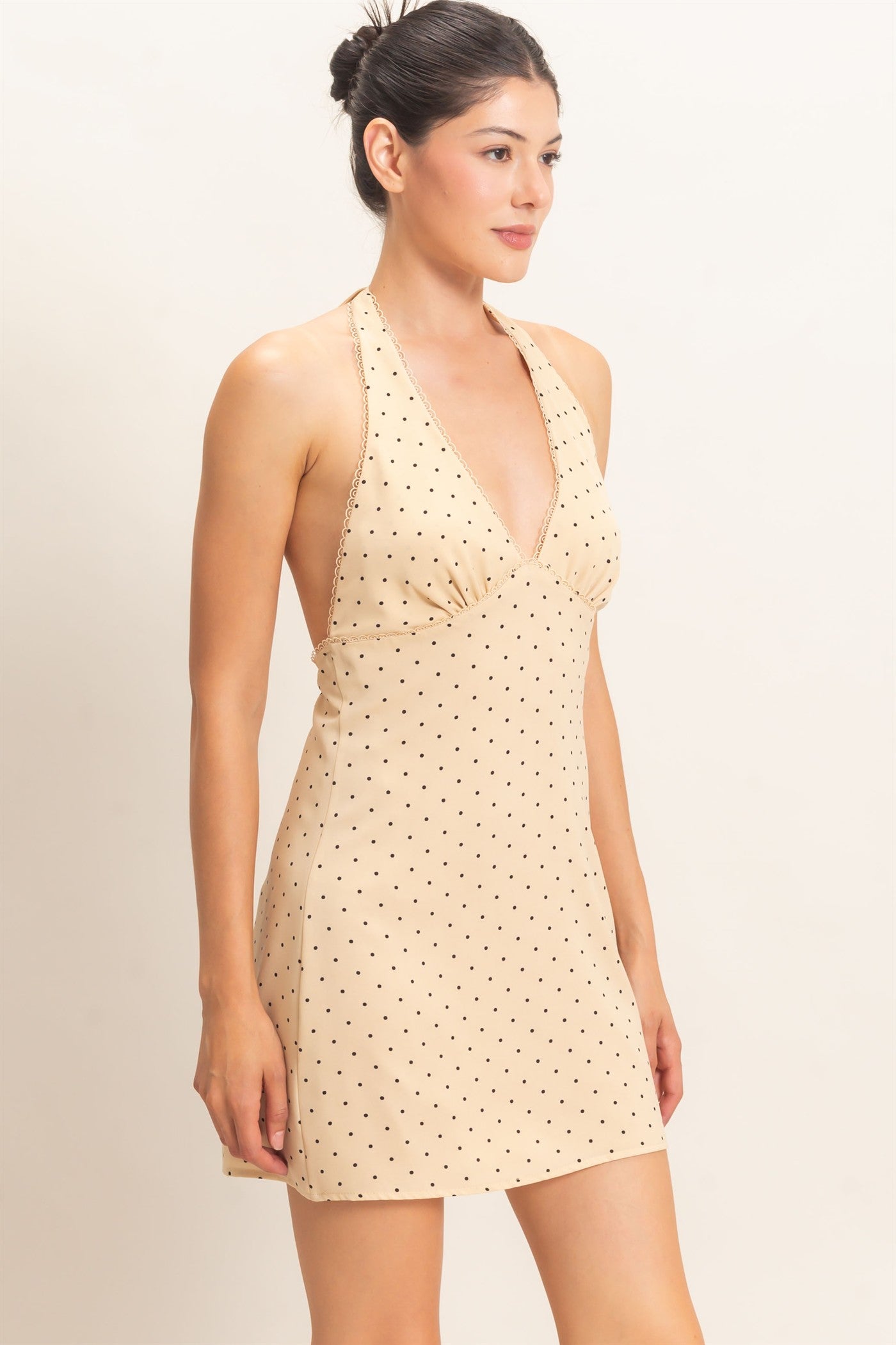 Wholesale Polka Dot Halter Dress Dresses HF26F027 BEIGE HYFVE
