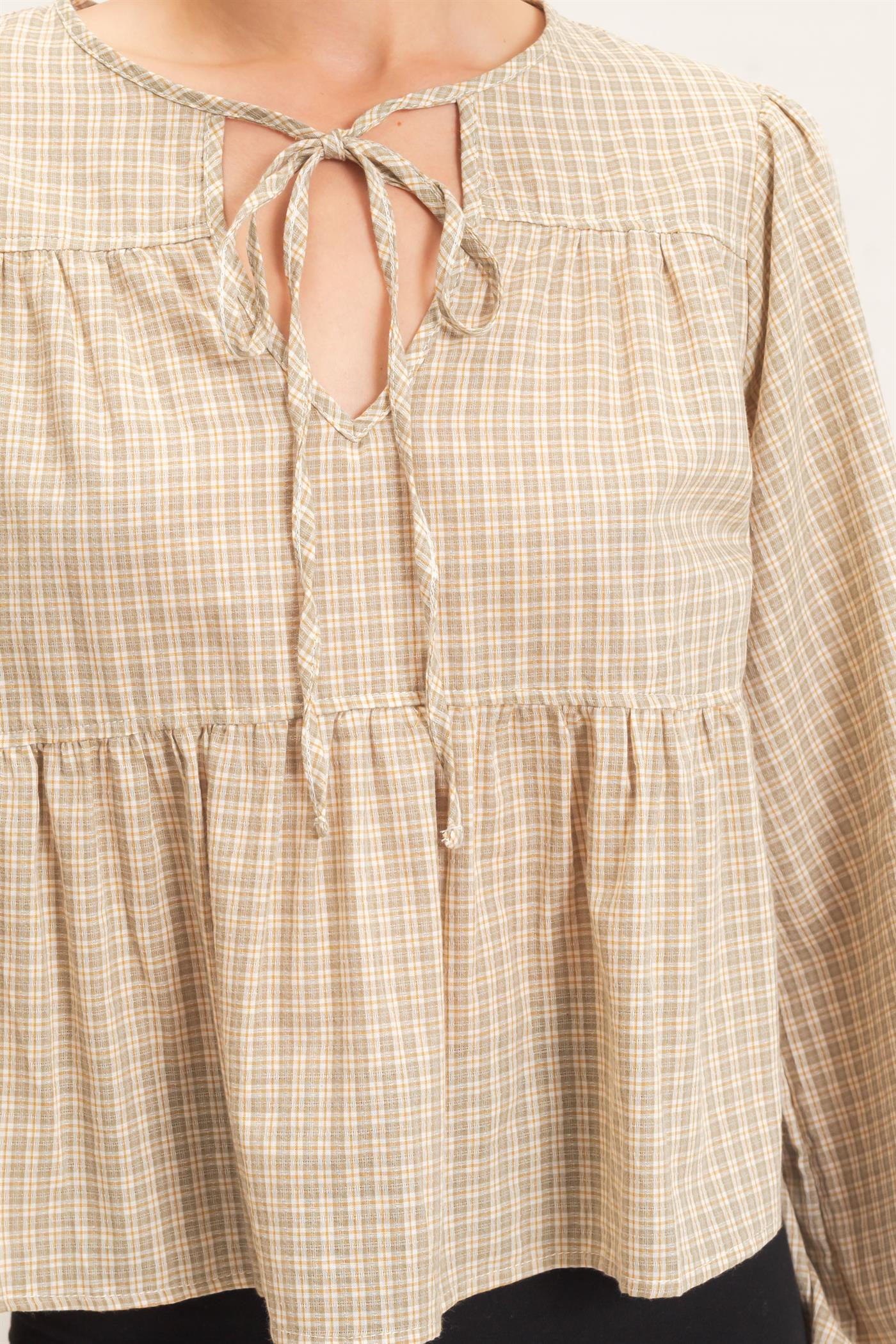 Wholesale Checkered Tie Neck Top Clothing Tops HF26E732 CREAM HYFVE