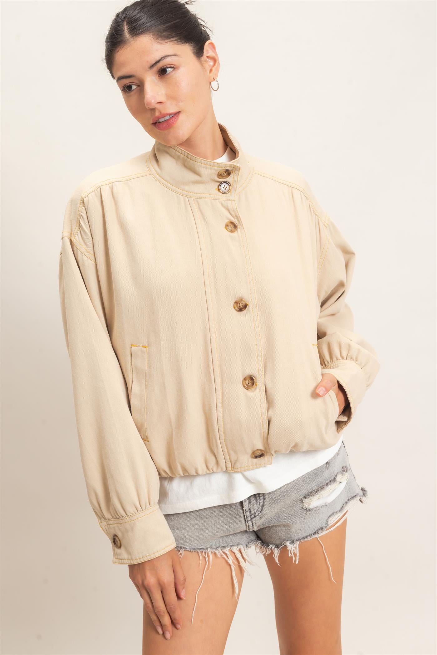 Wholesale High Collar Denim Bomber Jacket Coats & Jackets HF26E090-D BEIGE HYFVE